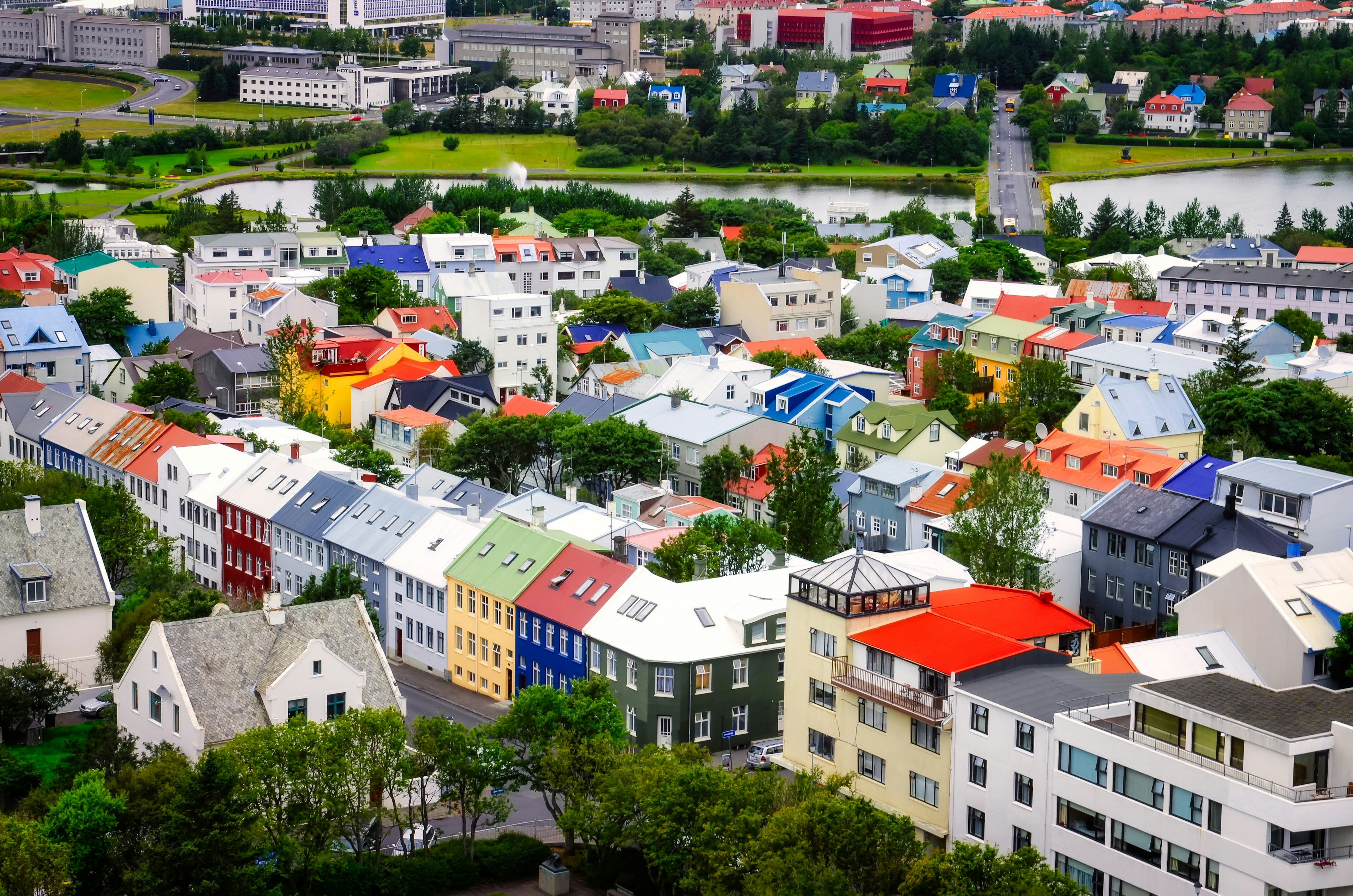 Reykjavik city aerial view of colorful houses, Iceland