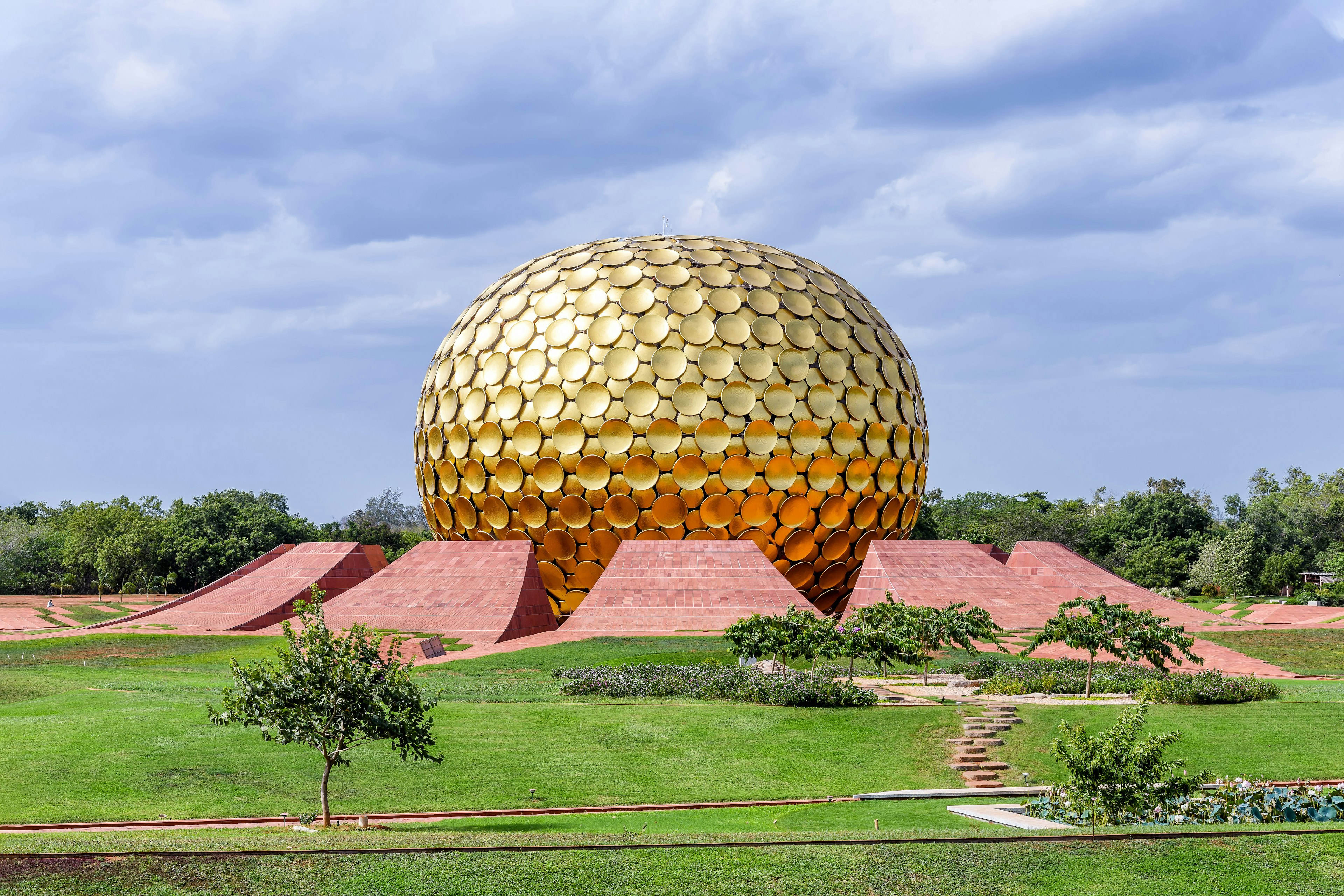 Matrimandir, an edifice of spiritual significance for practitioners of yoga, situated at the center of Auroville, Pondicherry, India