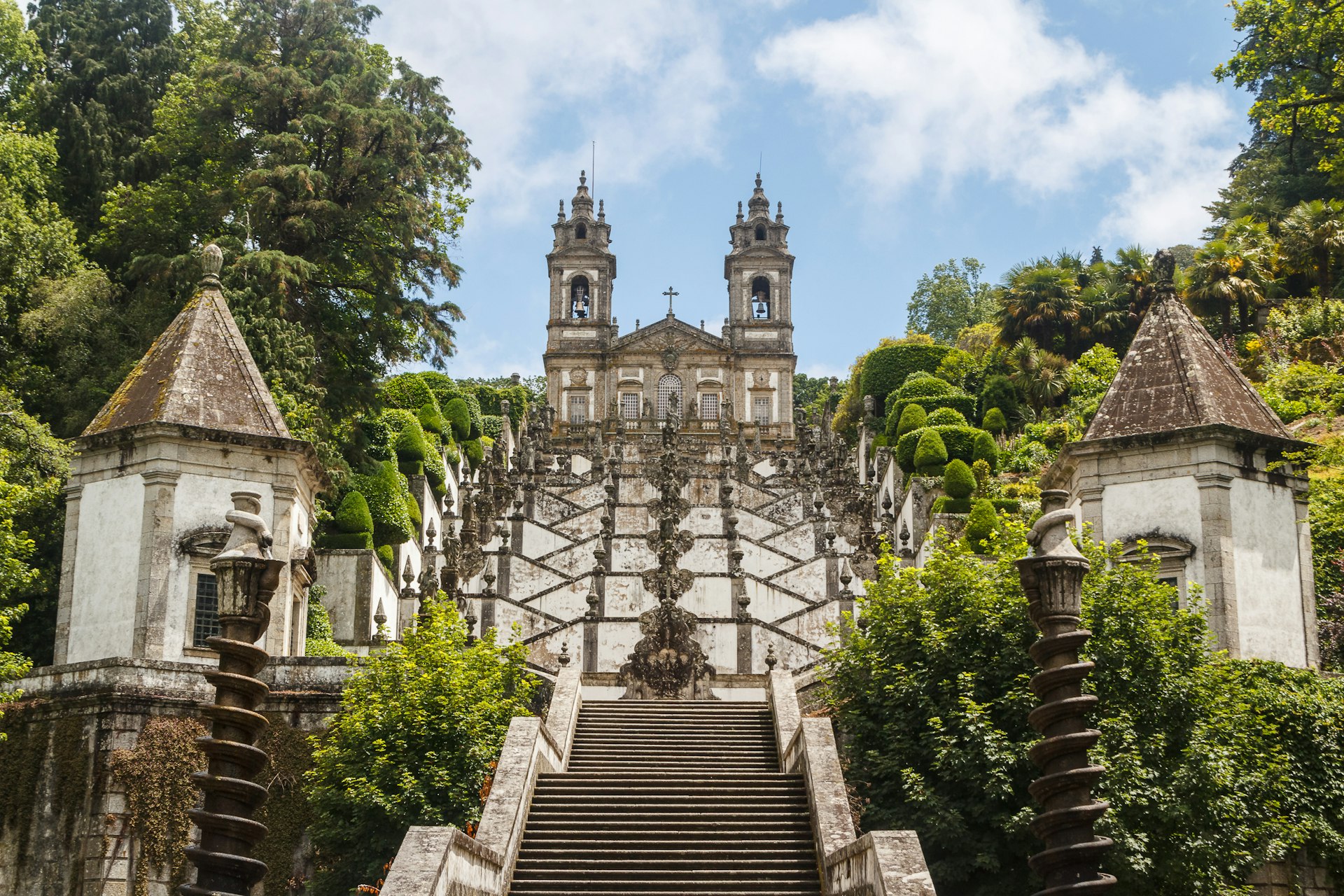 Intricate stairs lead up to a church in Portugal. 