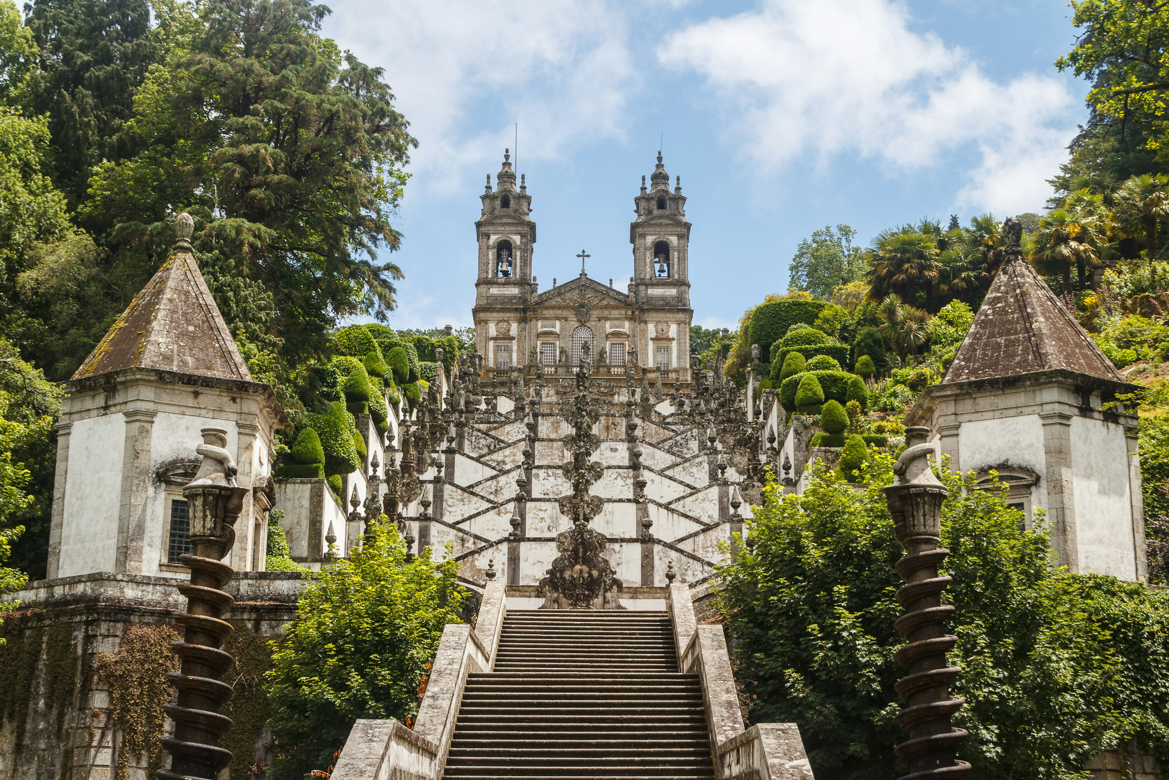 Intricate stairs lead up to a church in Portugal.