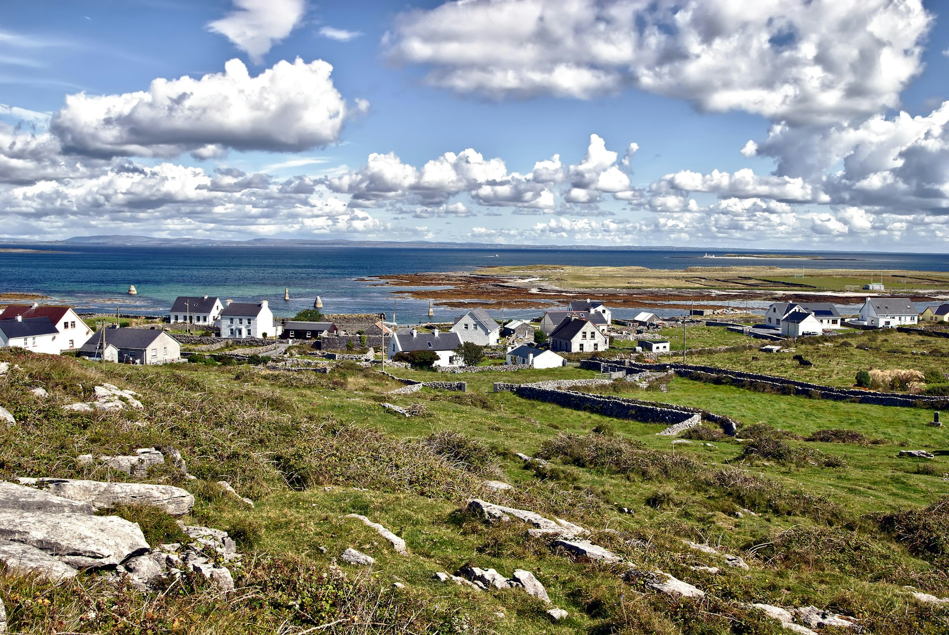A cluster of white coastal cottages right by a windswept beach