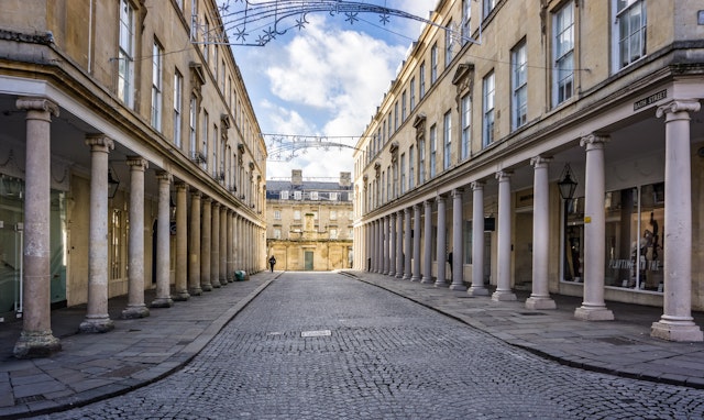 Georgian terrace with columns taken in Bath Street, Bath, Somerset, UK