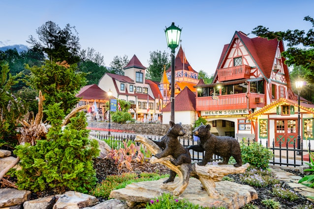 HELEN, GEORGIA - MAY 7, 2013: Helen Square in North Georgia. The architectural theme of the city is inspired by the Bavarian Alps.