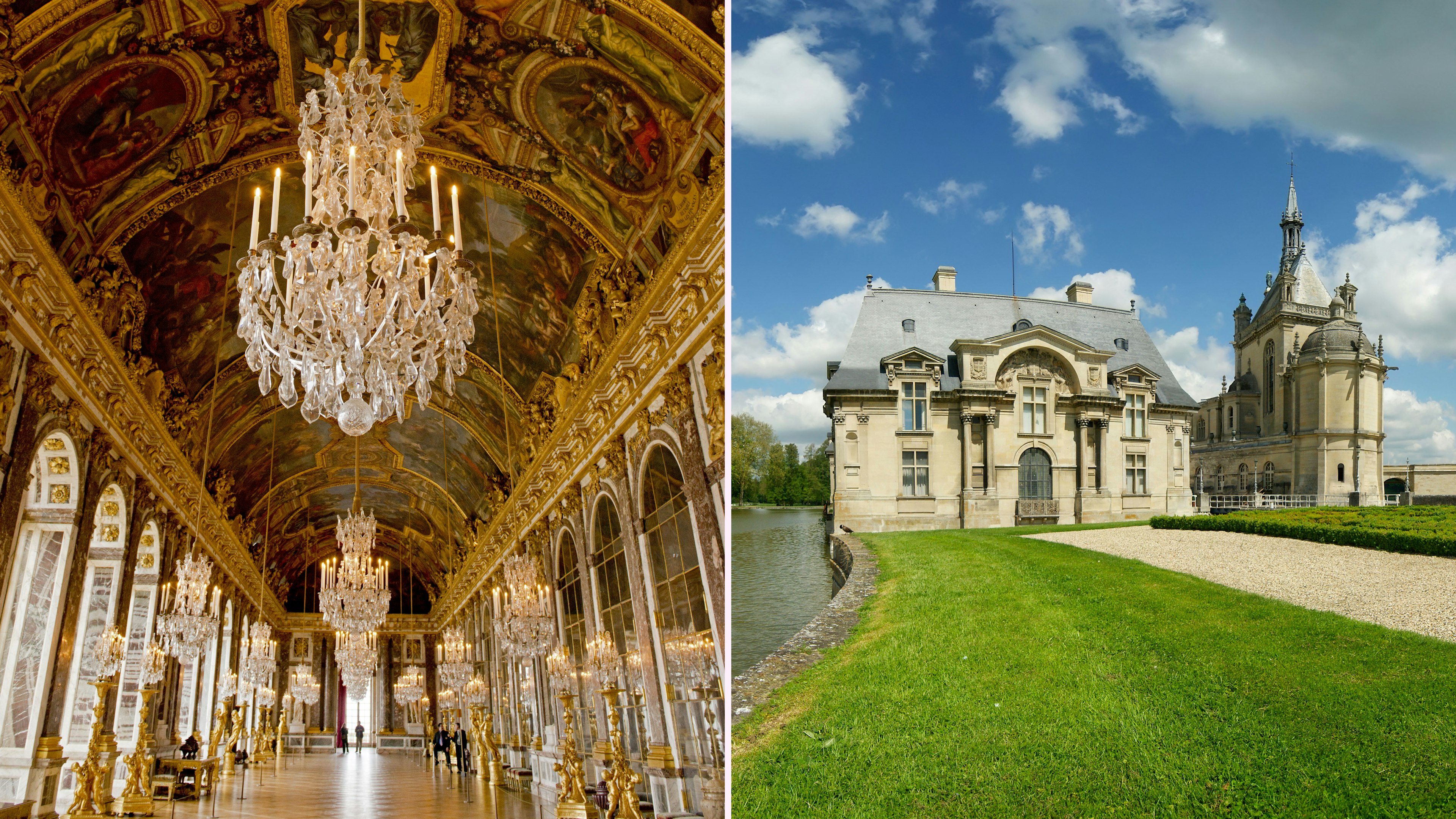 Left: a grand hall with huge sparkling chandeliers; right: exterior of a riverside castle