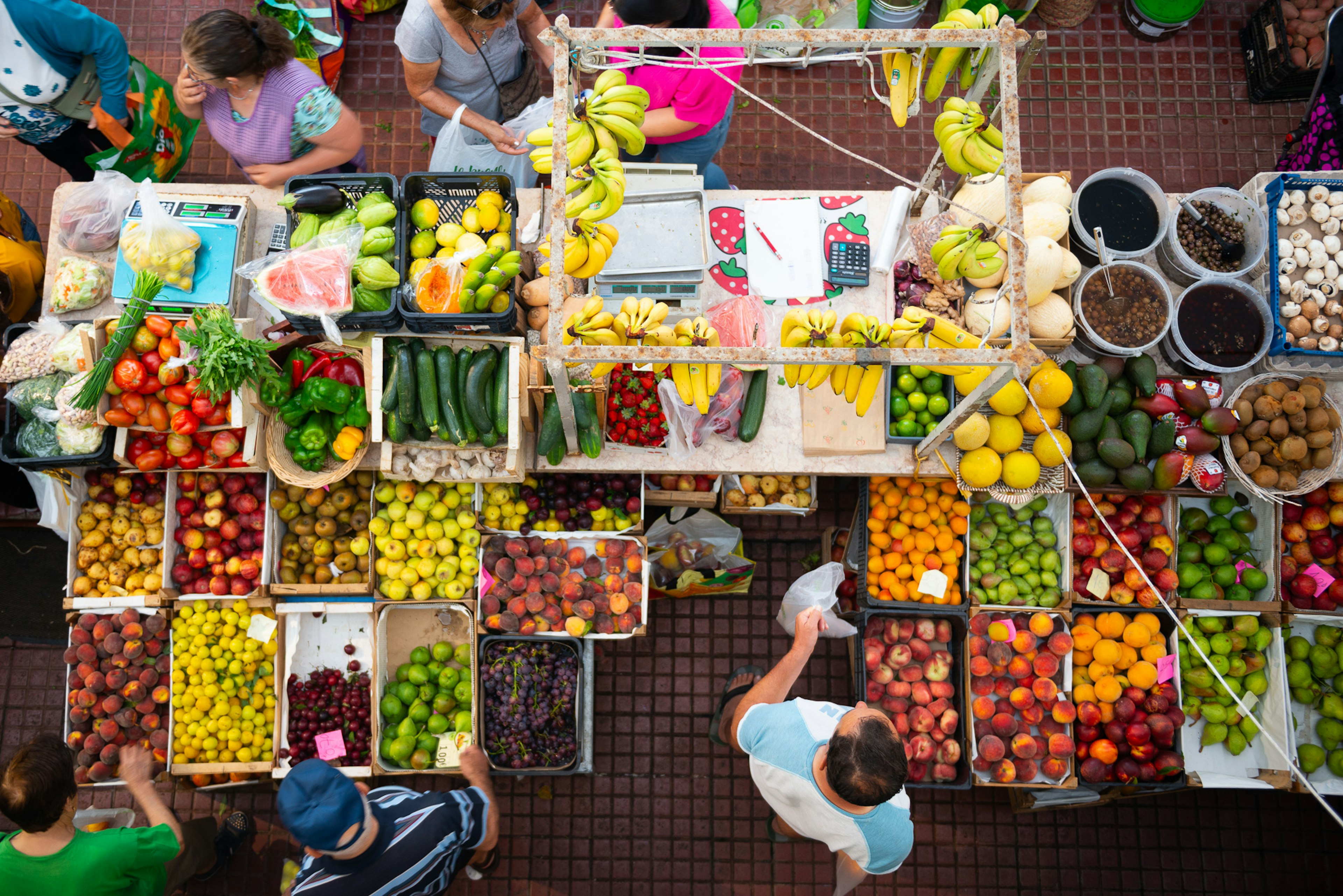 Aerial shot of Portuguese fruit and veg stalls at an open market