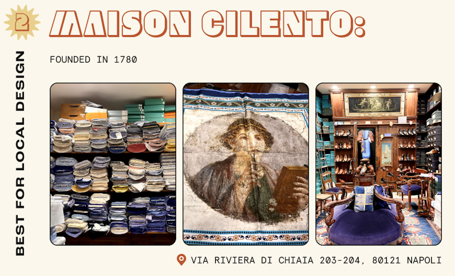 Fabric, ties and men shoes on display in one of Naples' oldest tailor shops