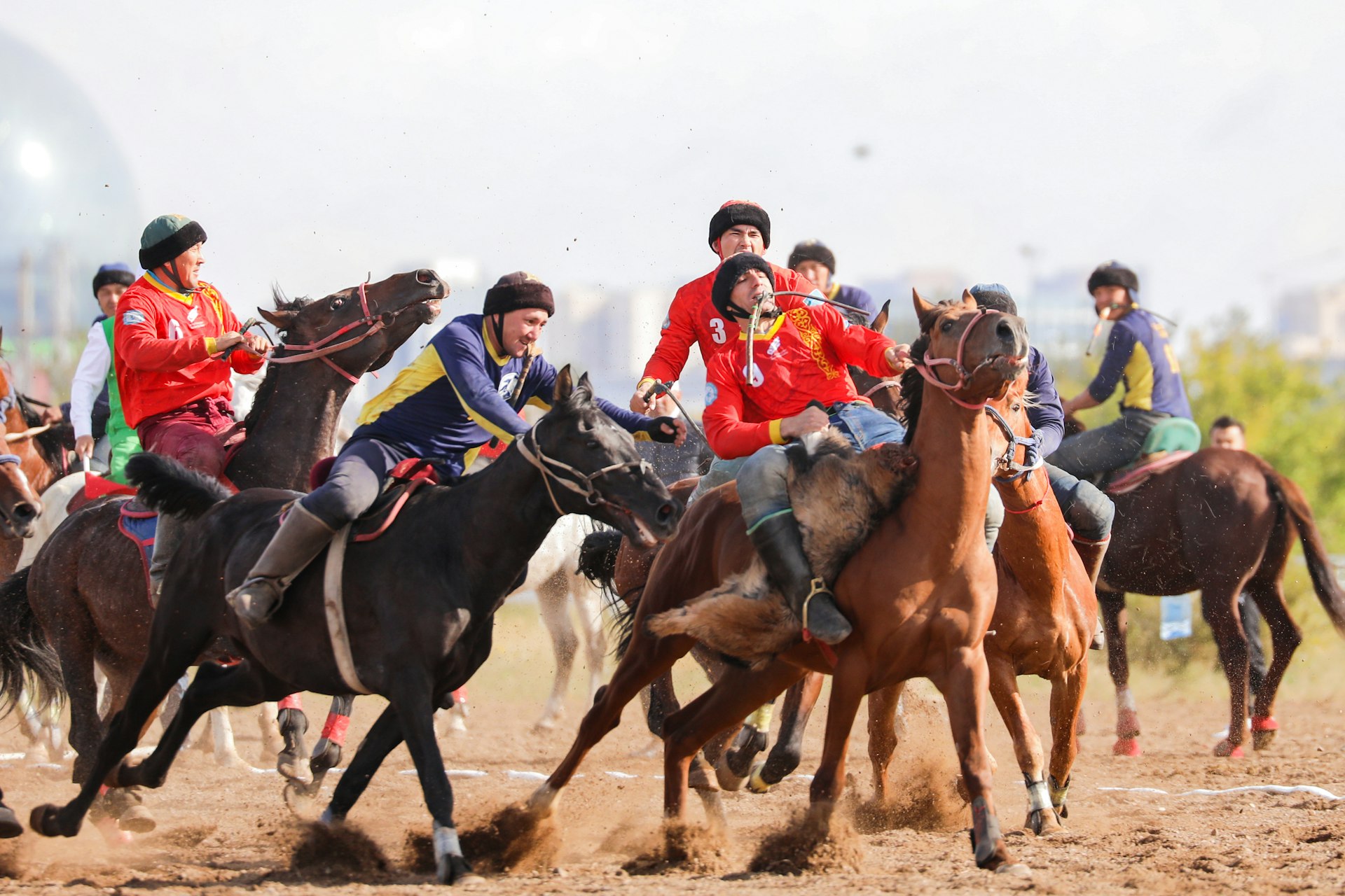 Two horseback-riding teams wrestle over a furry headless goat carcass