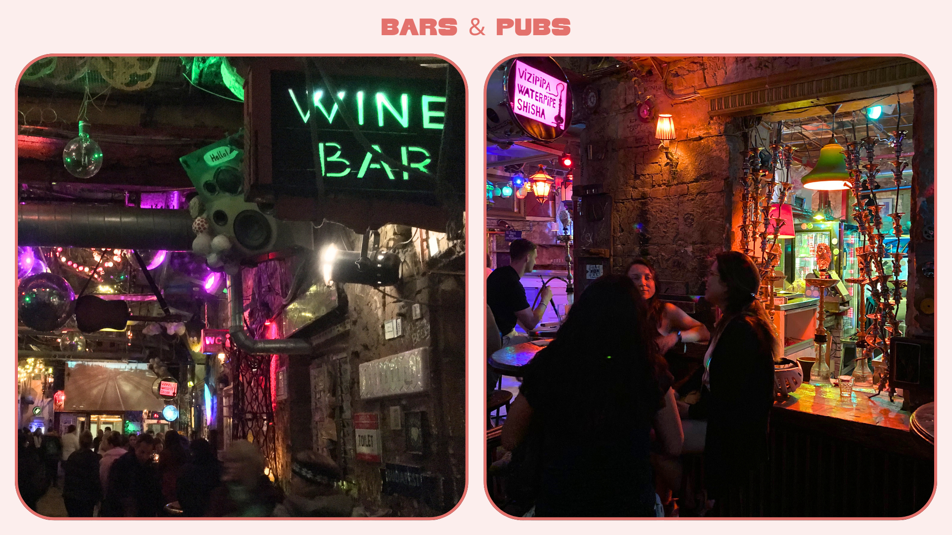 A diptych shows images of ruin bars in Hungary. 