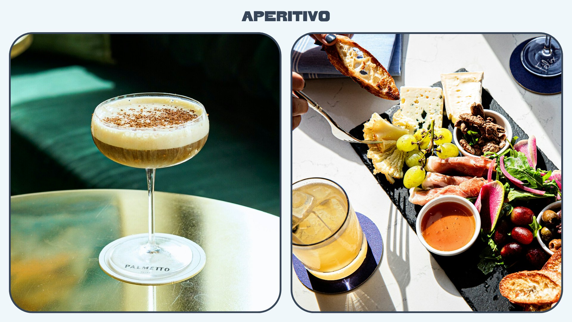 Left: Espresso martini at The Palmetto Hotel bar Right: Charcuterie at Felix