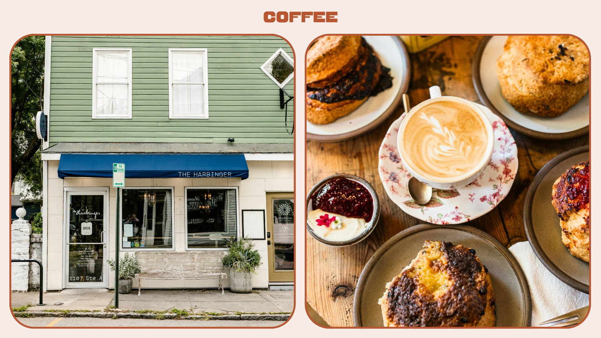 Left: The Harbinger exterior Right: Coffee and pastries from Harken