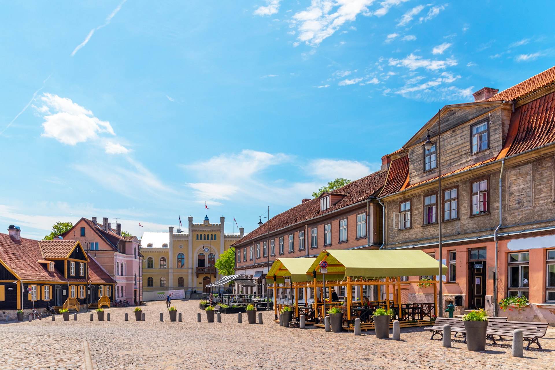 A medieval town square with cobblestones