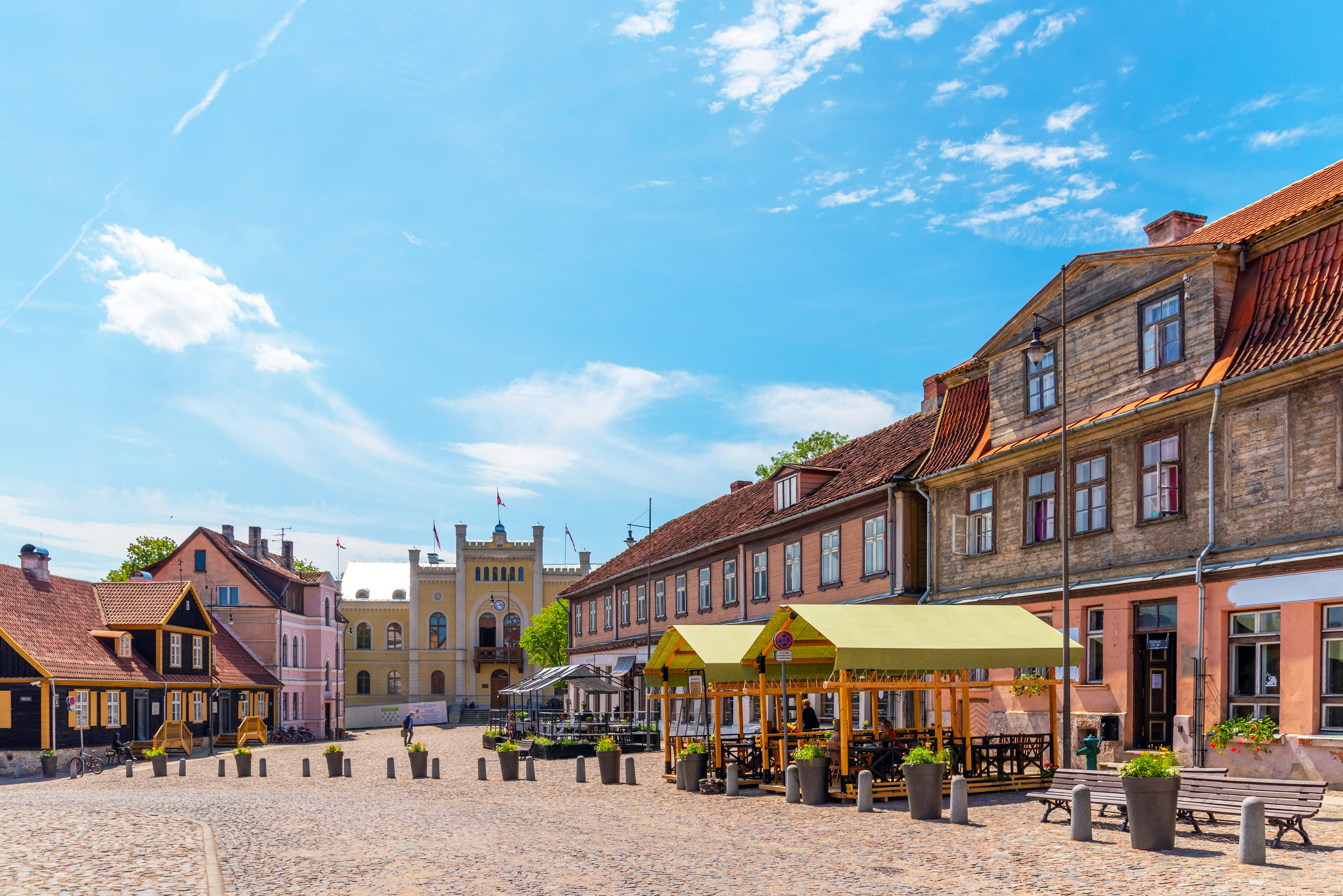 A medieval town square with cobblestones