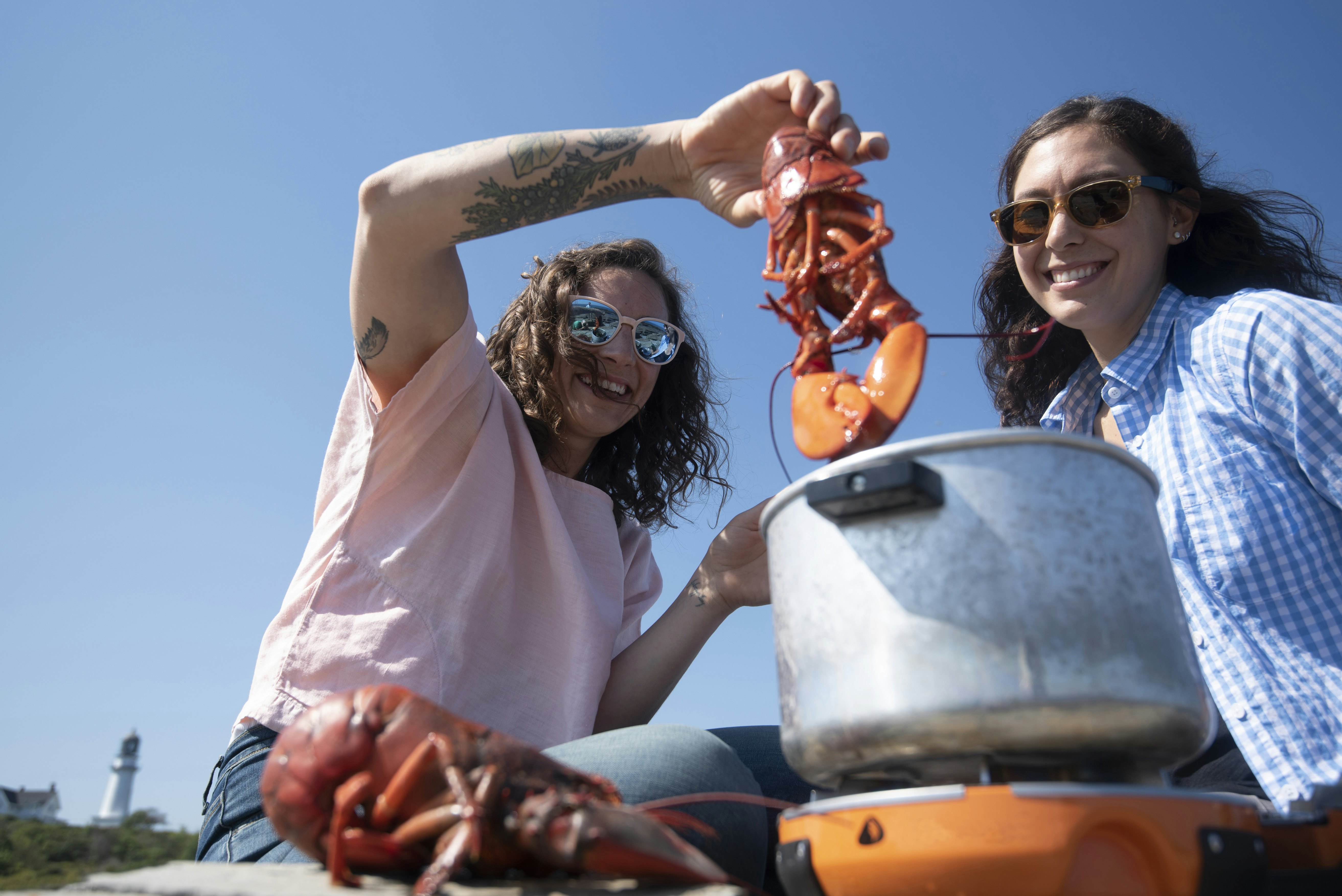 Two smiling women boiling lobsters outside in Maine.
1202272149
coast, couple, exterior, glasses, lobster, me, smile, stock, thirties, two women, white
Two woman boiling lobster outside with Portland Head Light lighthouse in the distance, Cape Elizabeth, Maine