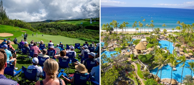 Left: A golf tournament in Kapalua, Lahaina, Maui, Hawaii, USA; right: an aerial view of the Westin Maui Resort & Spa, Ka'anapali, Maui, Hawaii, USA