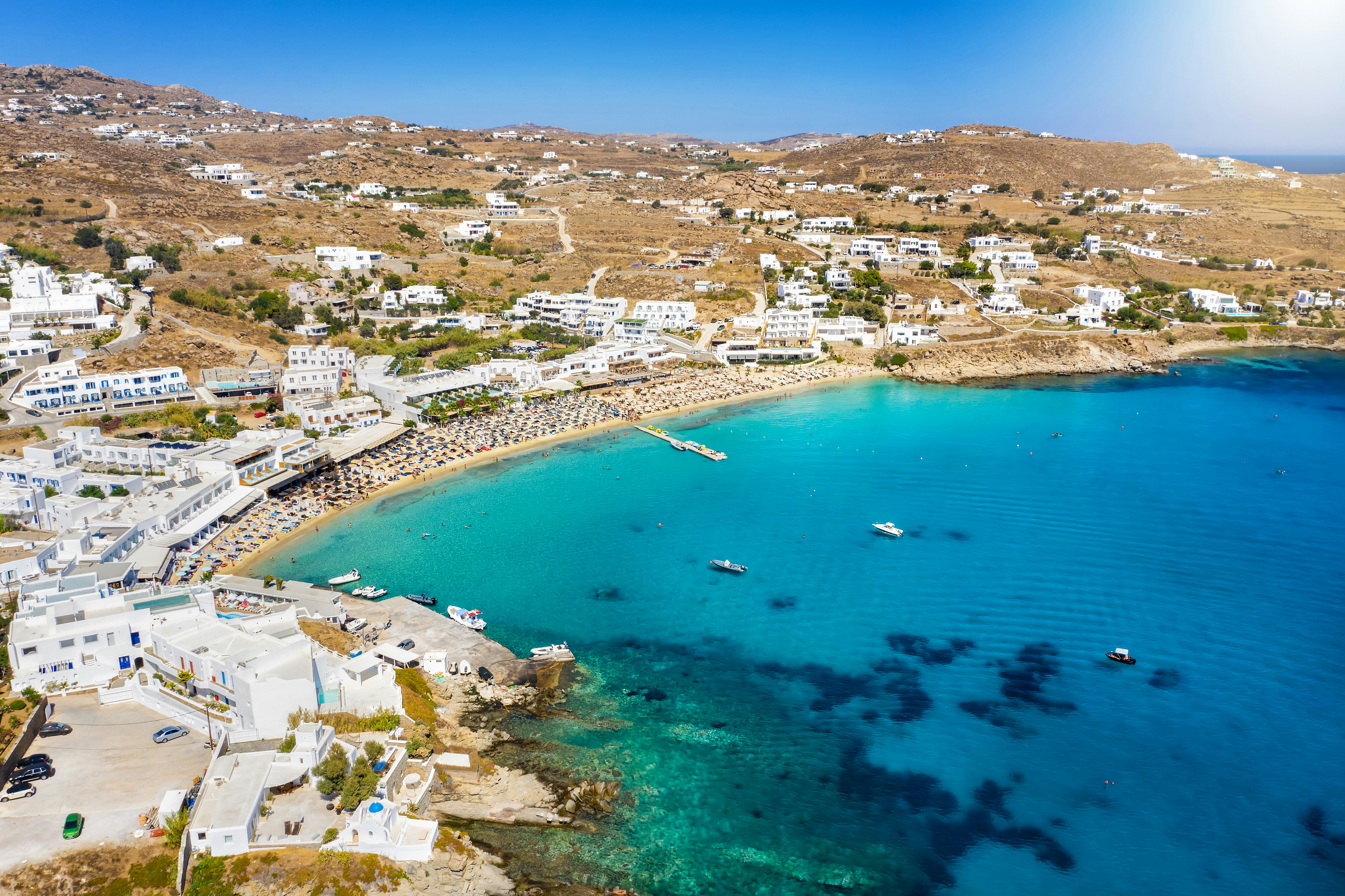 Panoramic aerial view of the popular Platys Gialos beach on the Greek island of Mykonos