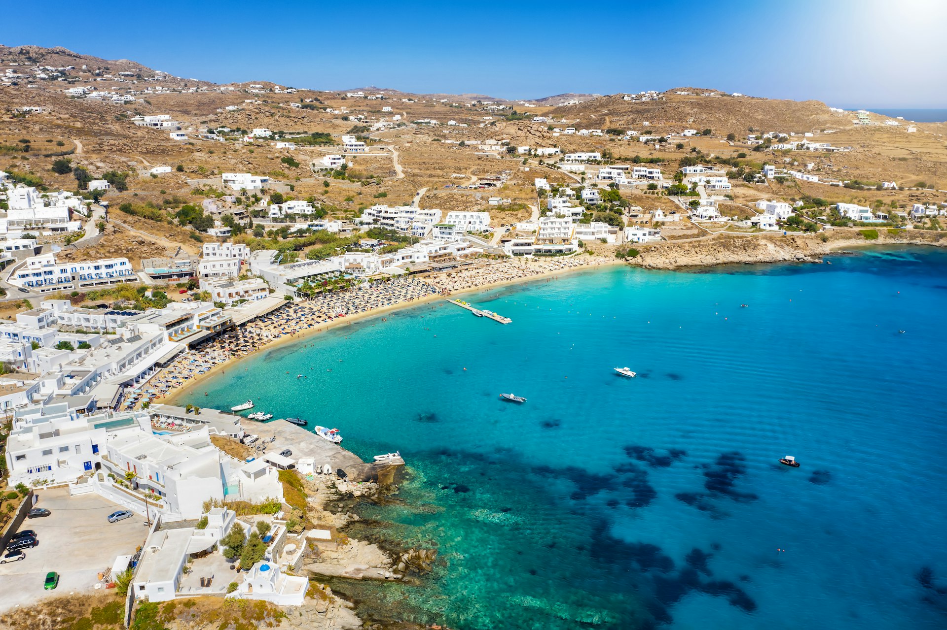 Panoramic aerial view of the popular Platys Gialos beach on the Greek island of Mykonos