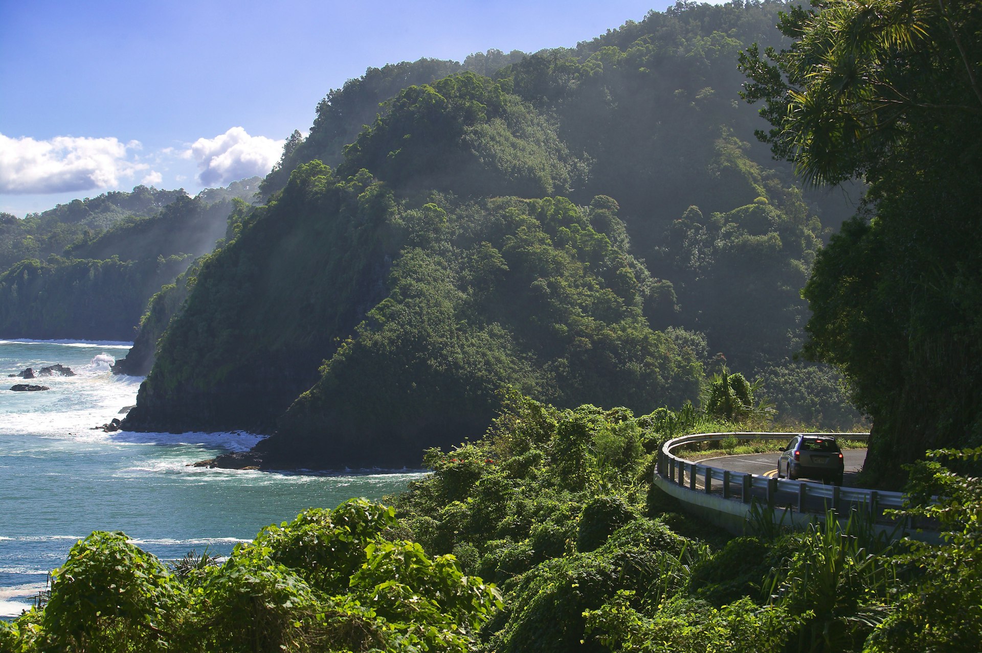 A car drives around a bend that is hugging a cliffside covered in green foliage