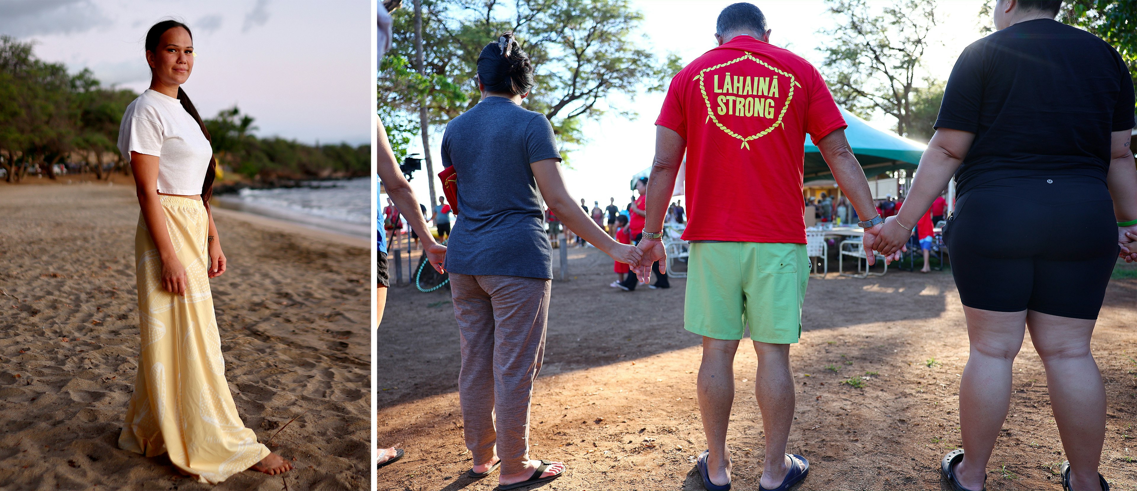 Left: Professional hula dancer Darri Alvarez on the beach, Lahaina, Maui, Hawaii, USA; right: Community members hold hands in a prayer circle at a “Lahaina Strong” gathering, Lahaina, Maui, Hawaii, USA