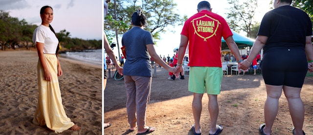 Left: Professional hula dancer Darri Alvarez on the beach, Lahaina, Maui, Hawaii, USA; right: Community members hold hands in a prayer circle at a “Lahaina Strong” gathering, Lahaina, Maui, Hawaii, USA