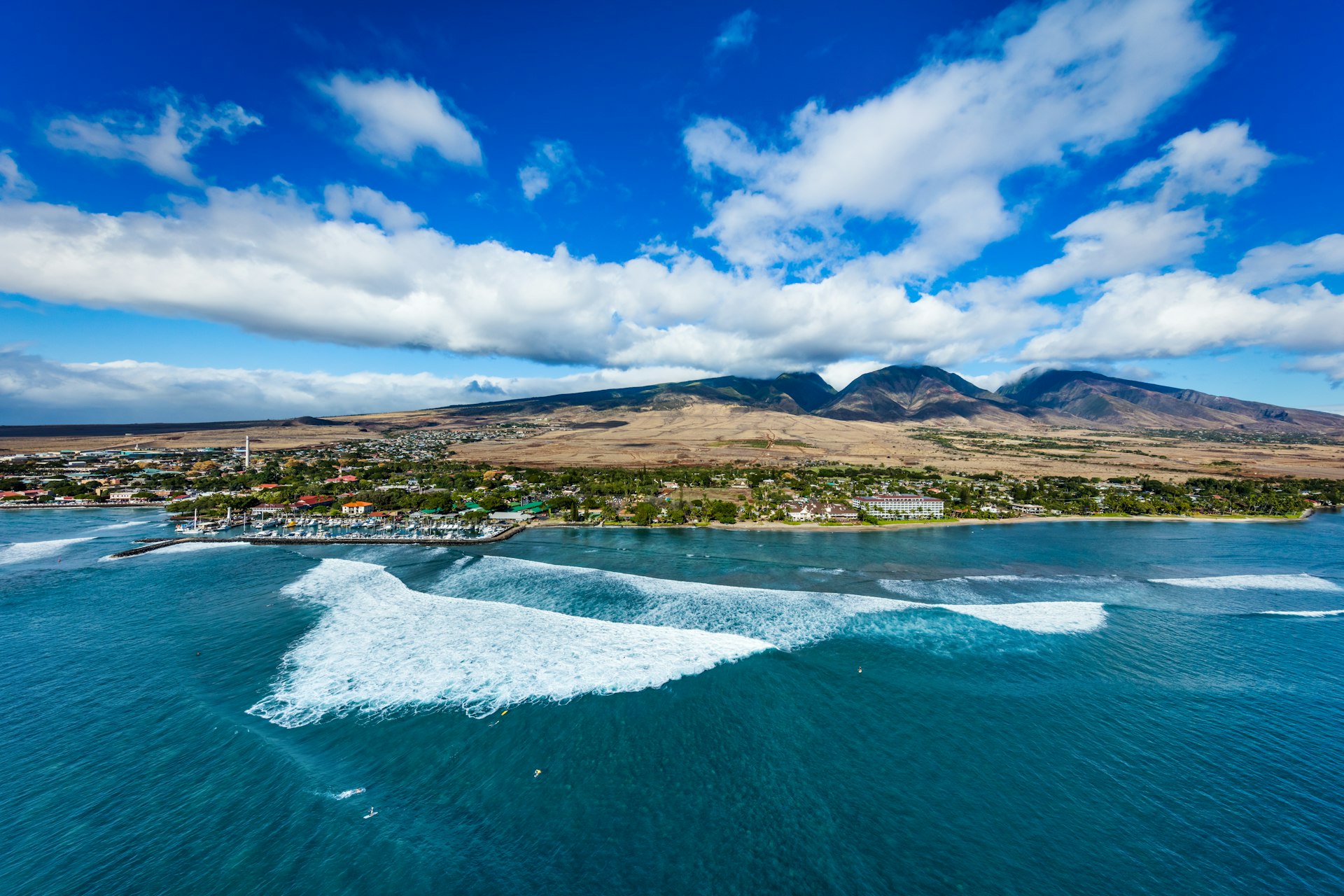 Aerial view of sea against blue sky, Lahaina, Maui, Hawaii, USA 