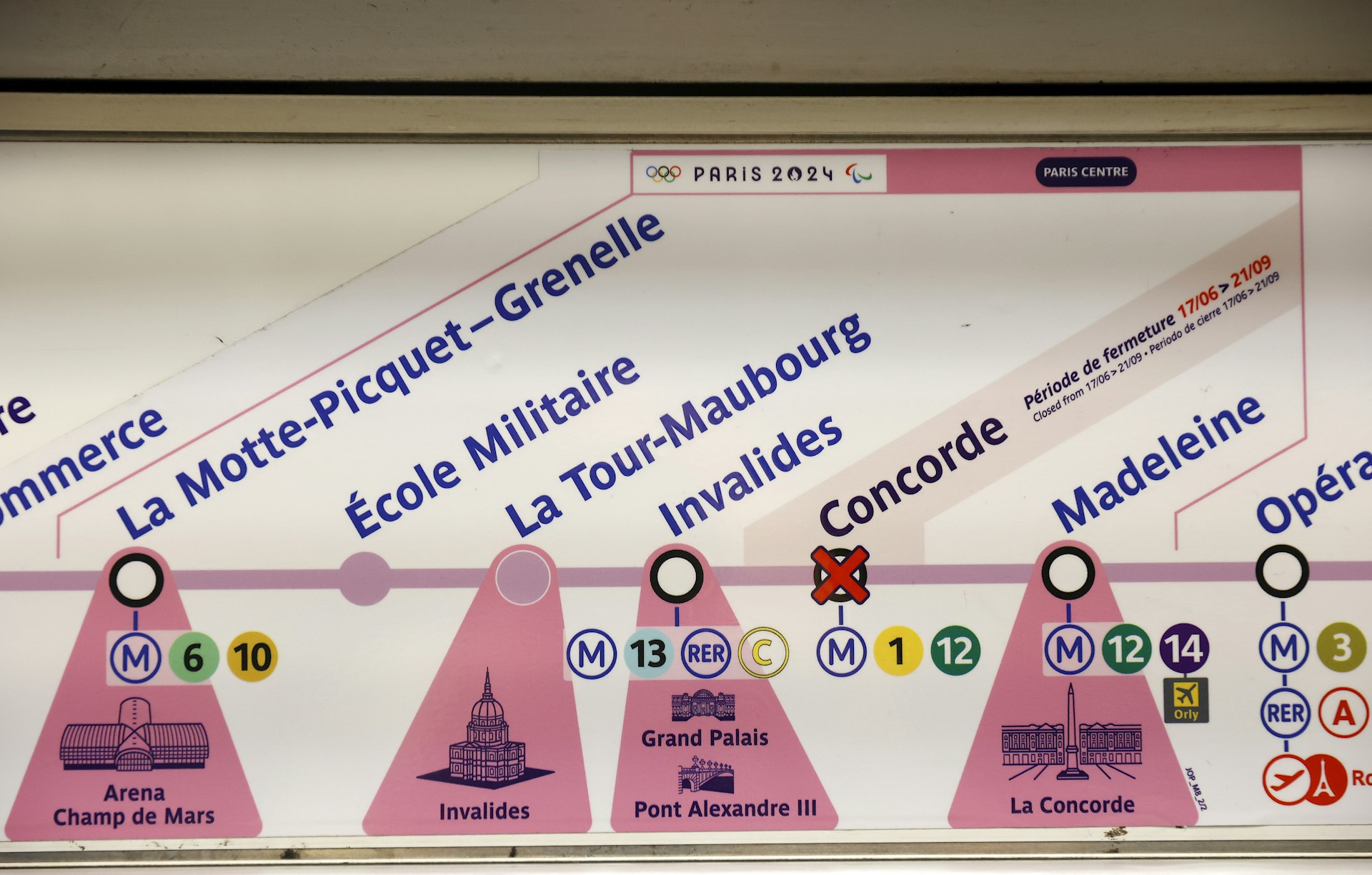 A panel showing the sites where the Paris 2024 Olympic Games events will be held is displayed in the Paris metro
