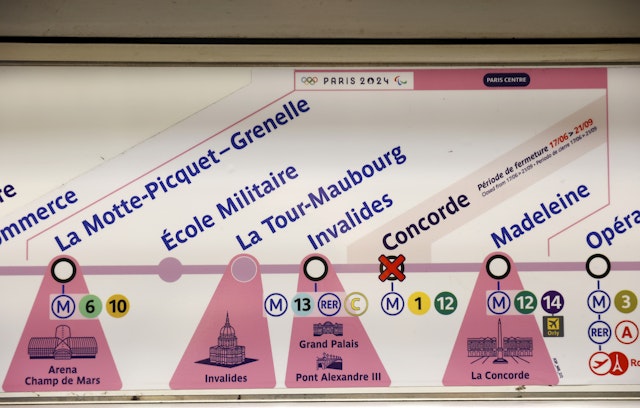A panel showing the sites where the Paris 2024 Olympic Games events will be held is displayed in the Paris metro