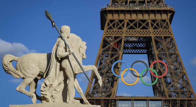Olympic rings are seen on the Eiffel Tower near the restored statue of "Cavalier Arabe" (Arab rider) on the Pont d'Iena bridge in Paris on July 4, 2024, ahead of the upcoming Paris 2024 Olympic Games. (Photo by GEOFFROY VAN DER HASSELT / AFP) (Photo by GEOFFROY VAN DER HASSELT/AFP via Getty Images)
2159950810
topix, Oly, bestof, Horizontal, ESSENTIAL