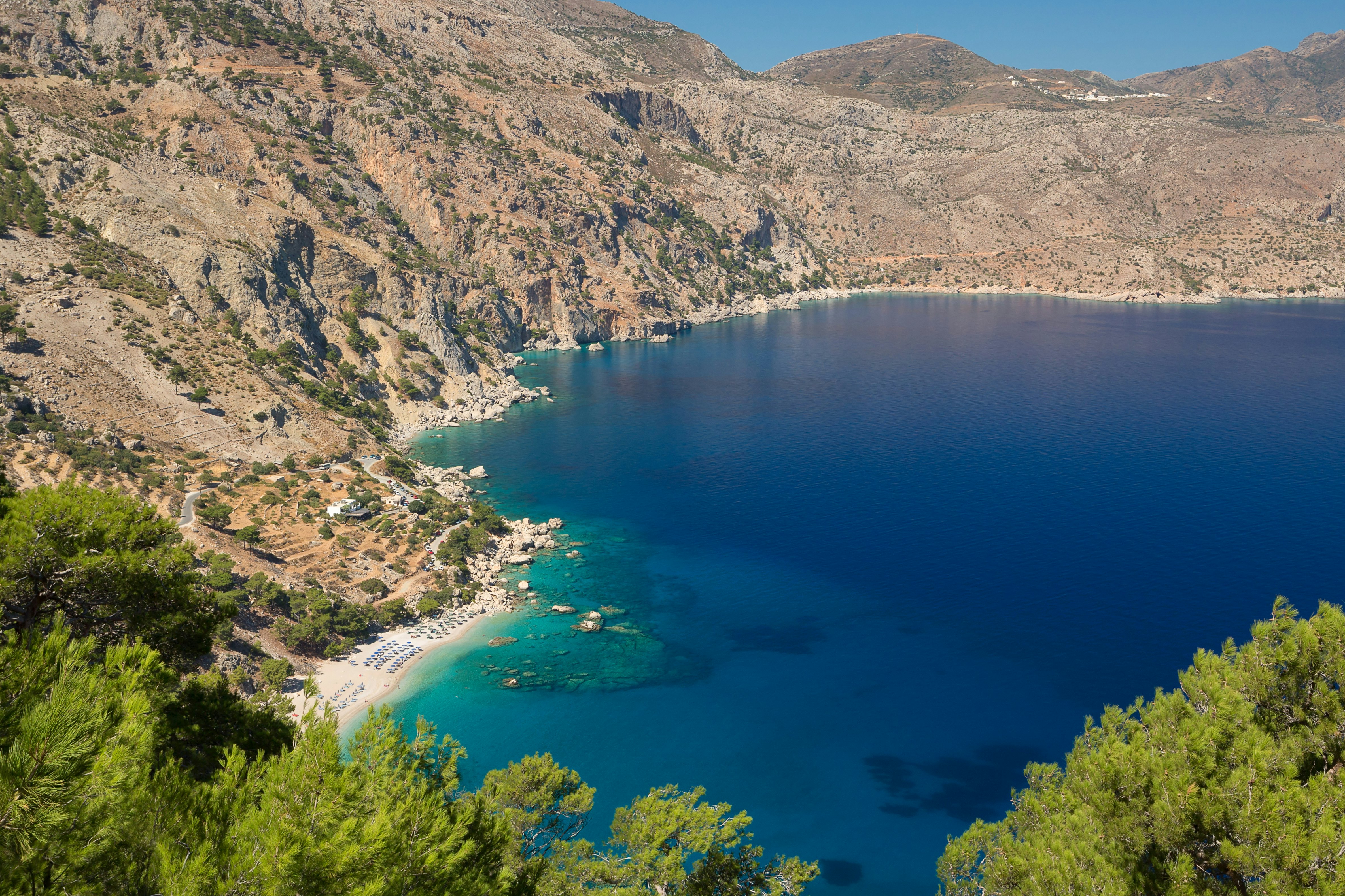 Aerial shot of the famous Apella beach in Karpathos, Greece.