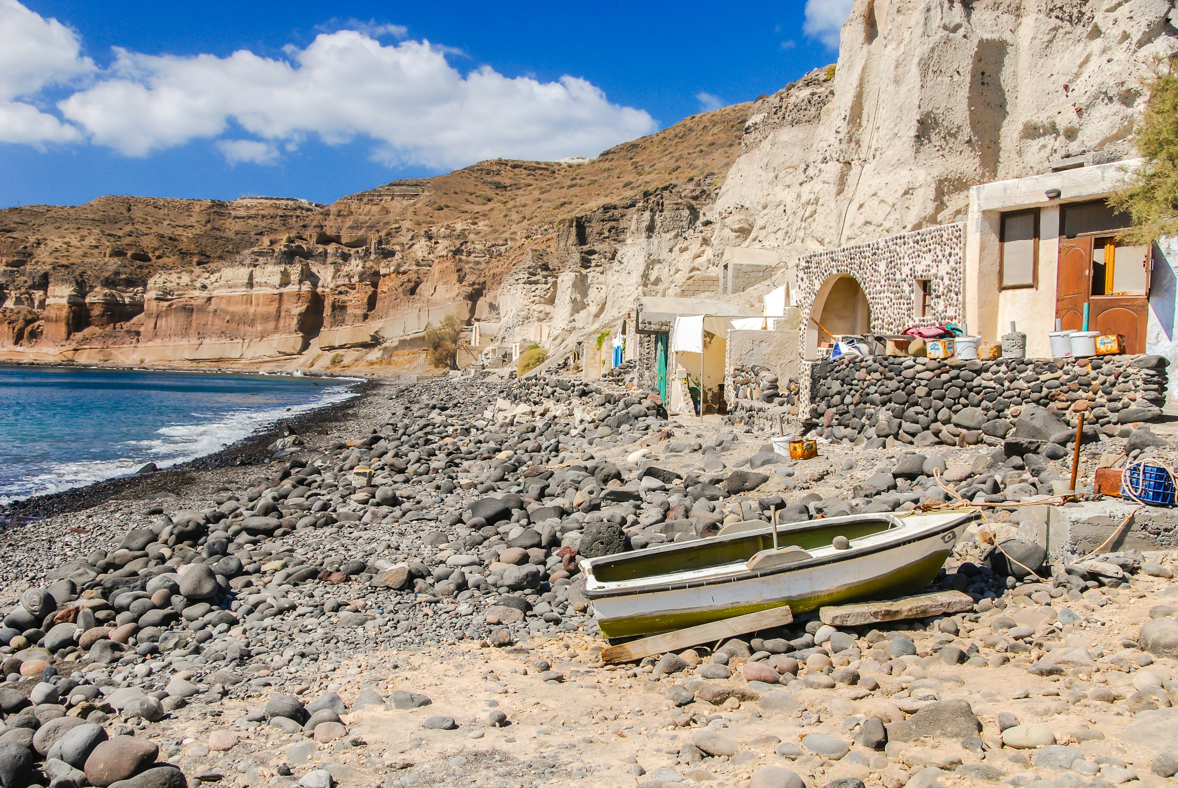 The moon like landscape of Mesa Pigadia Beach on the southern side on Santorin