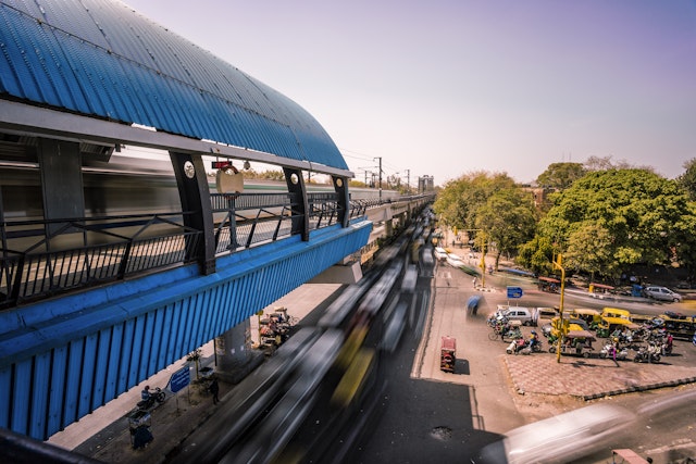 Elevated metro station in day time in New Delhi
