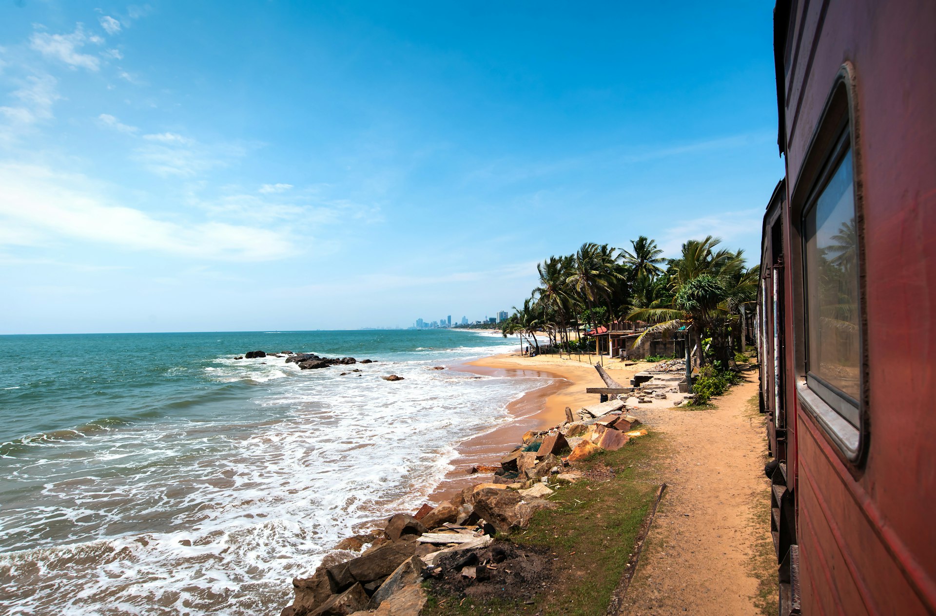 Coastal train scenic view in Sri Lanka