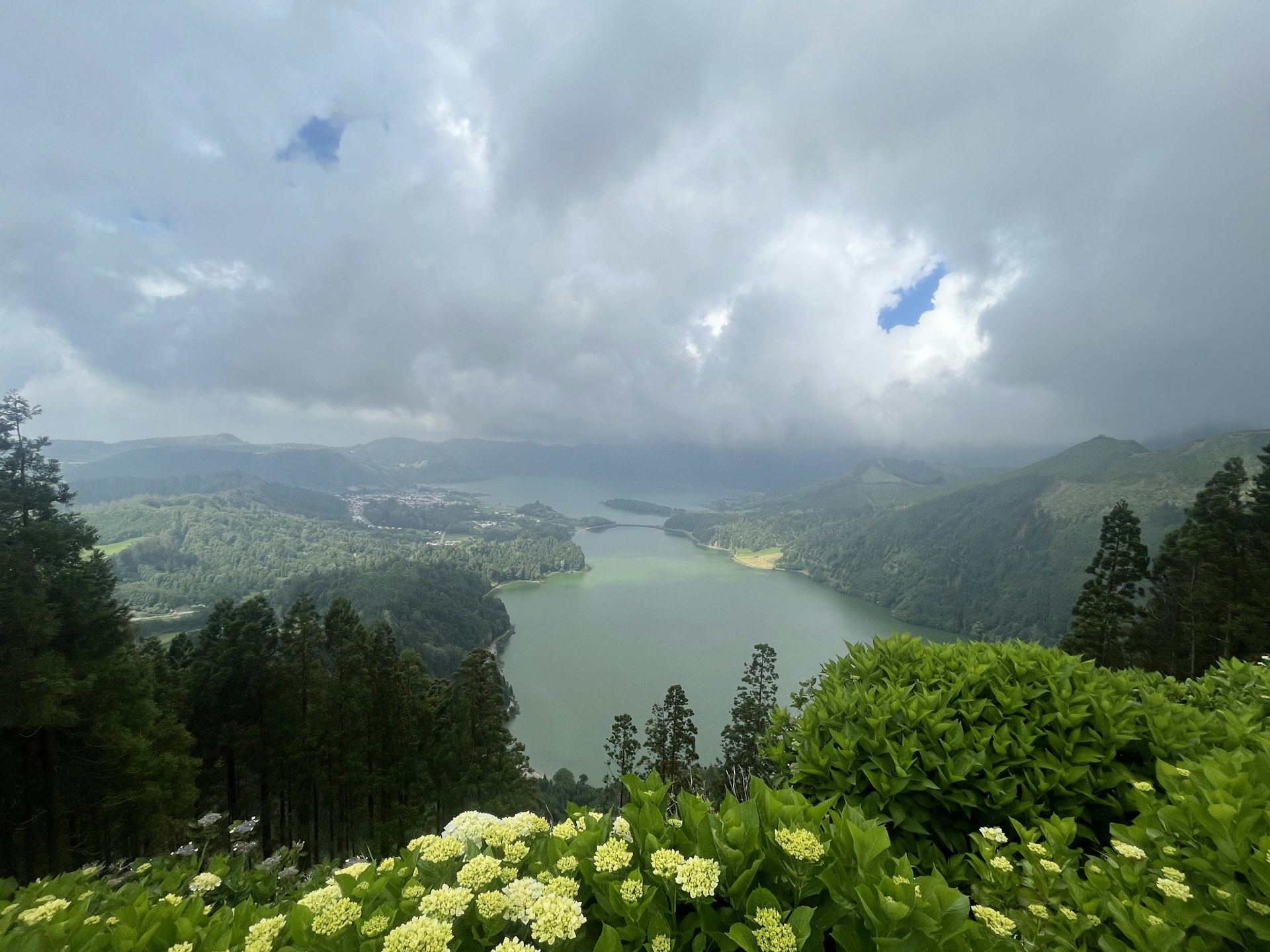 An image of a lake in the Azores from a high viewpoint