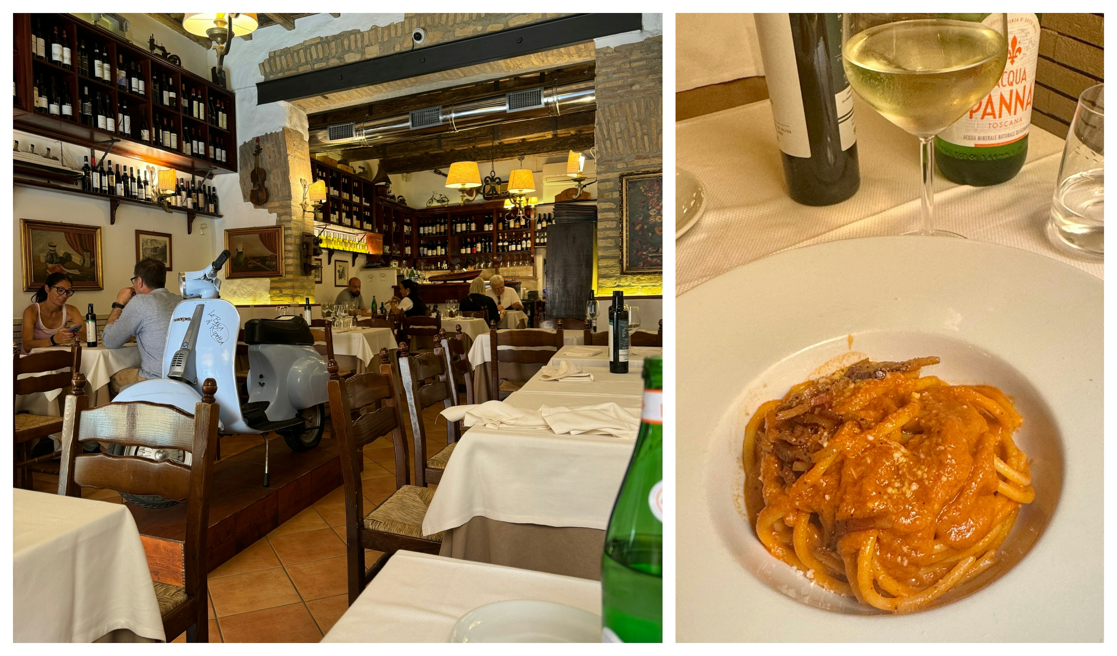 Two images in an Italian restaurant - one with tables and one of a dish called bucatini all'Amatriciana