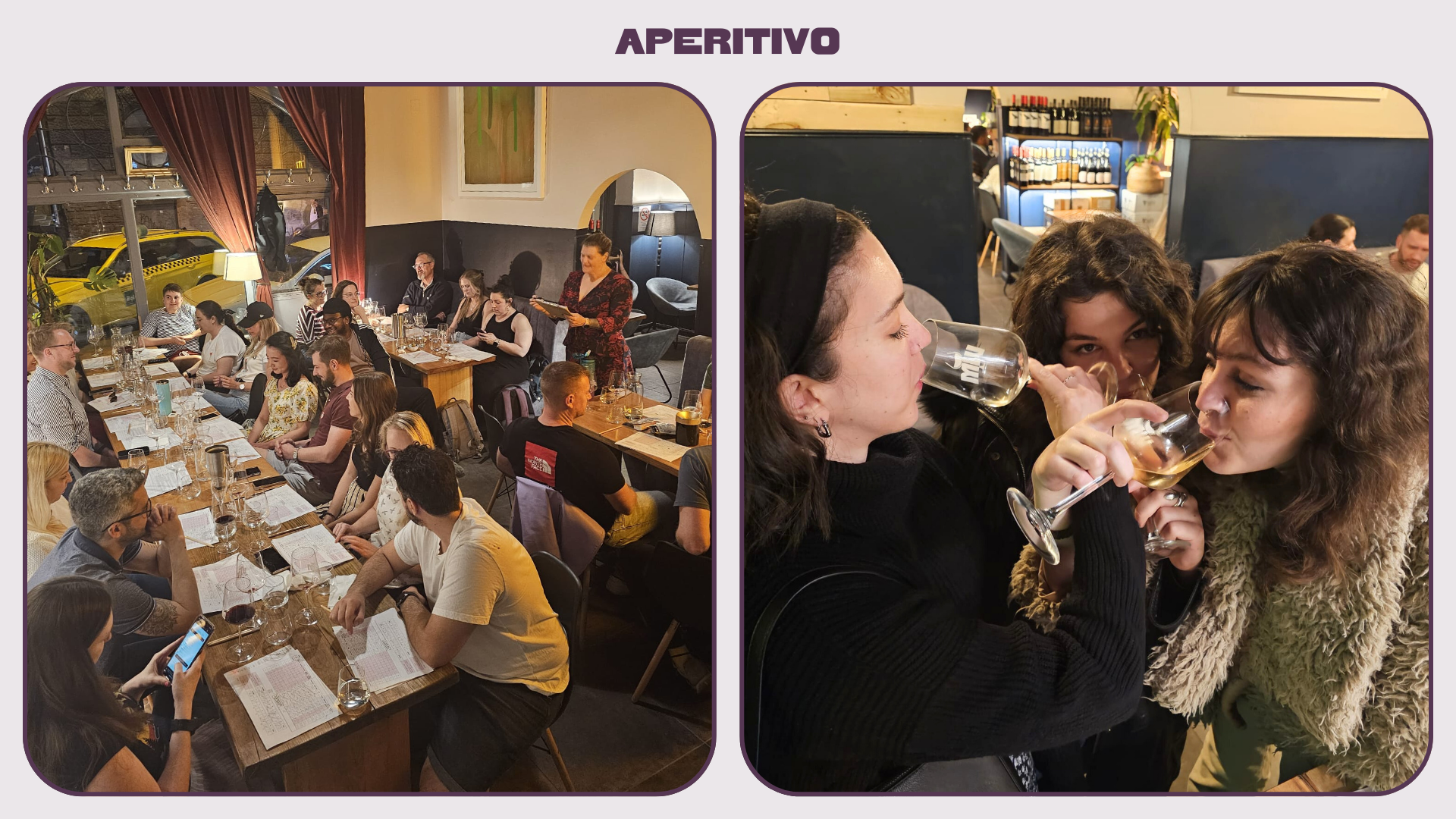 A diptych shows the interior or a wine bar and women drinking wine. 