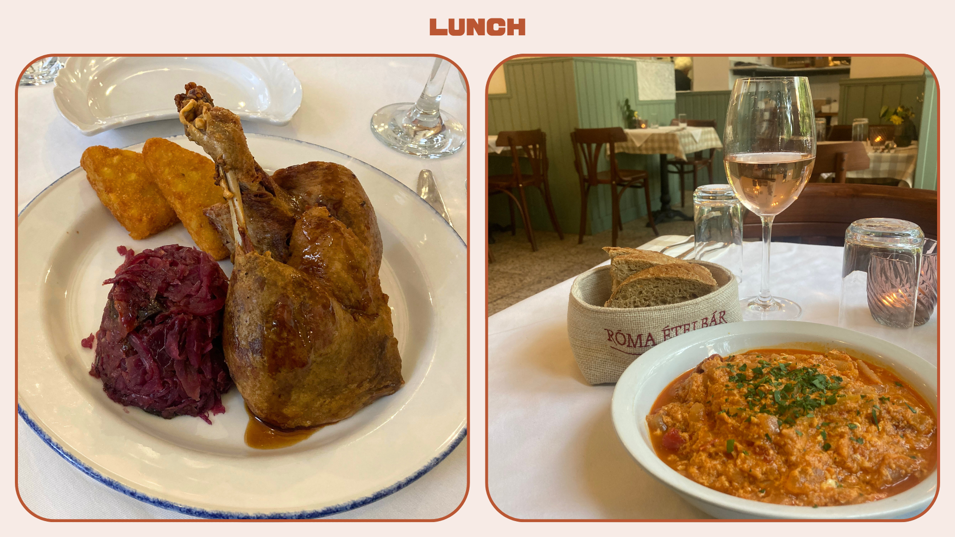 A diptych shows images of hearty Hungarian foods. 