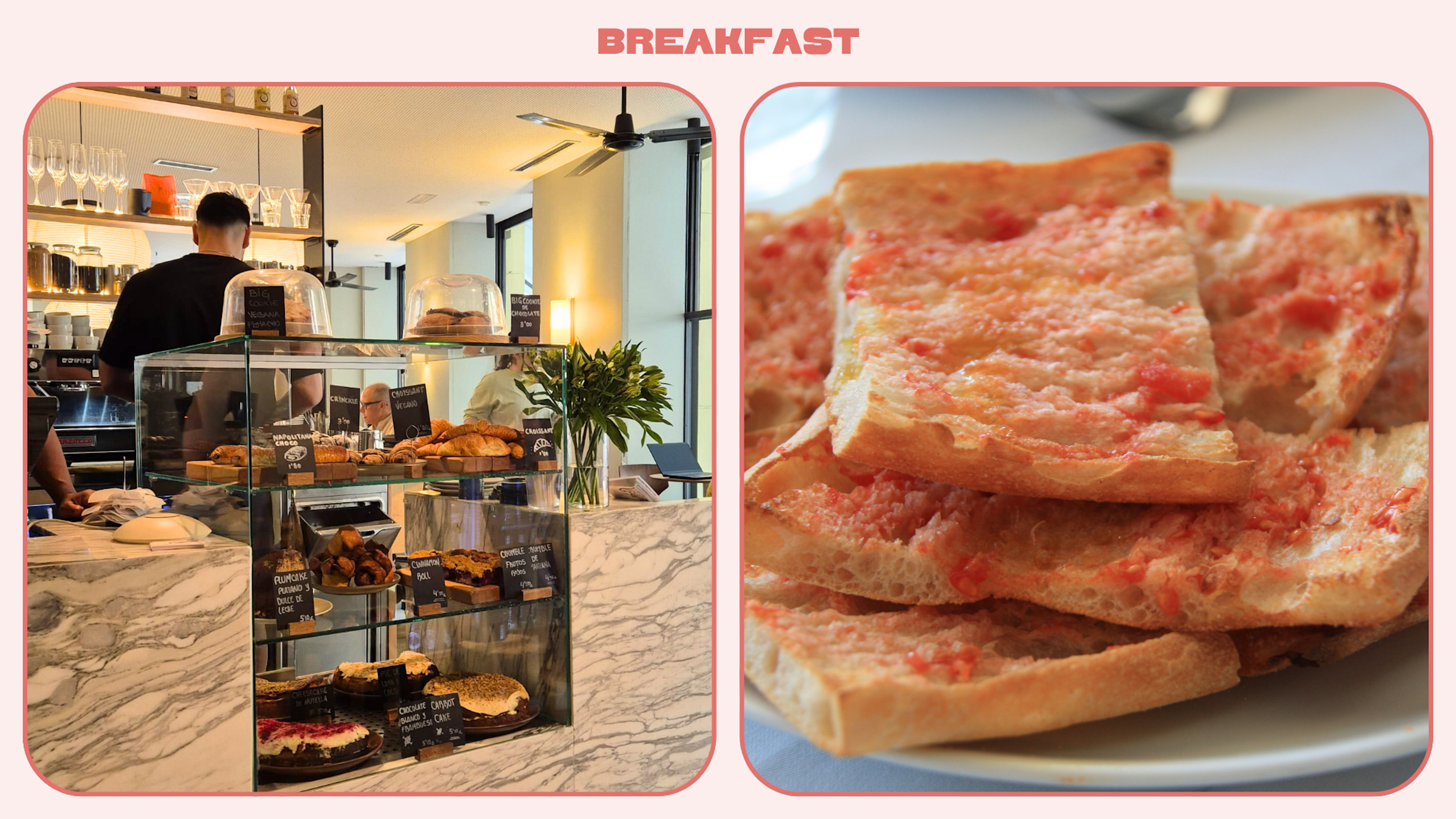 L: interior of Madrid cafe; R: bread and tomato pulp