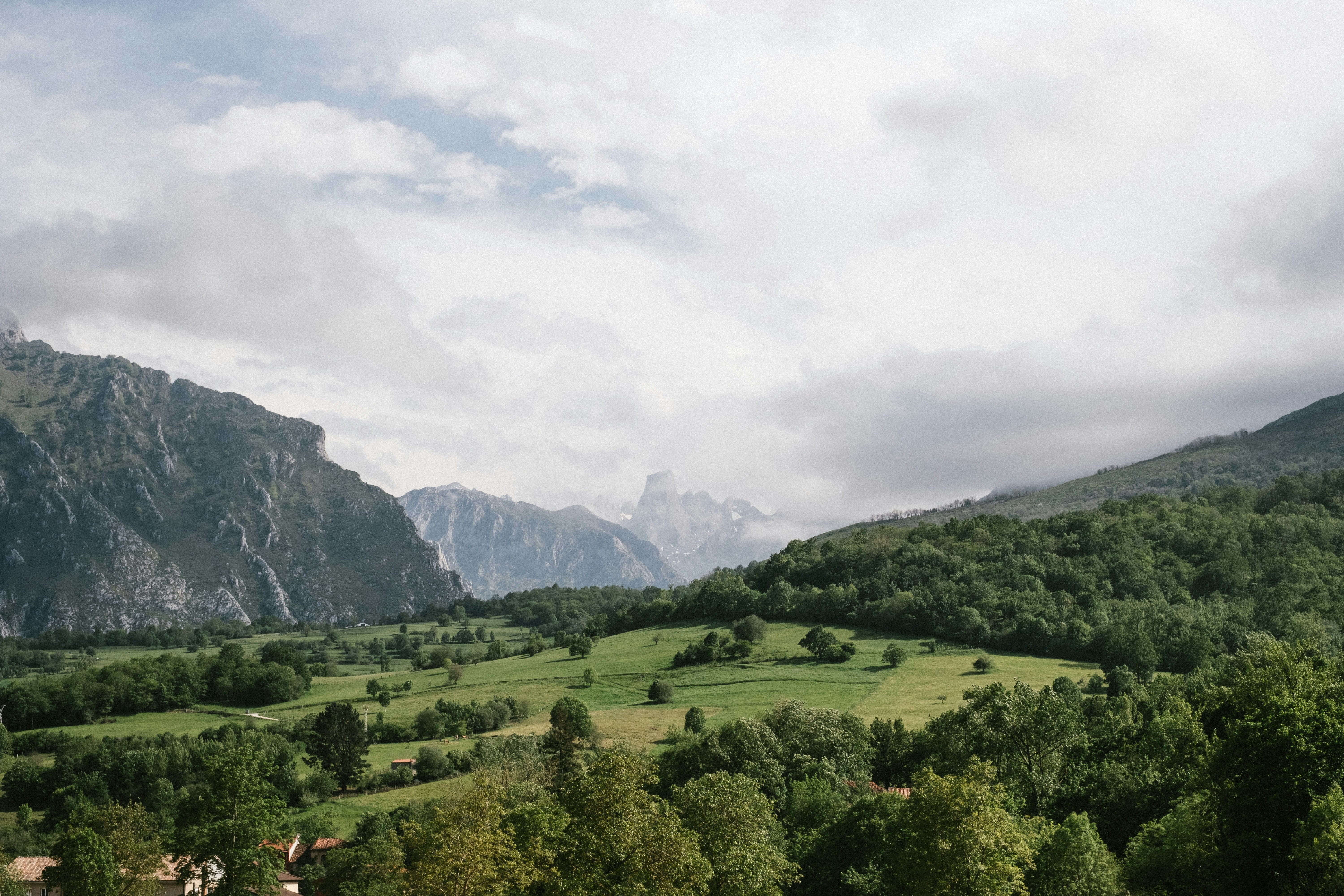 A green field surrounded by trees with rocky peaks in the background under cloudy skies.