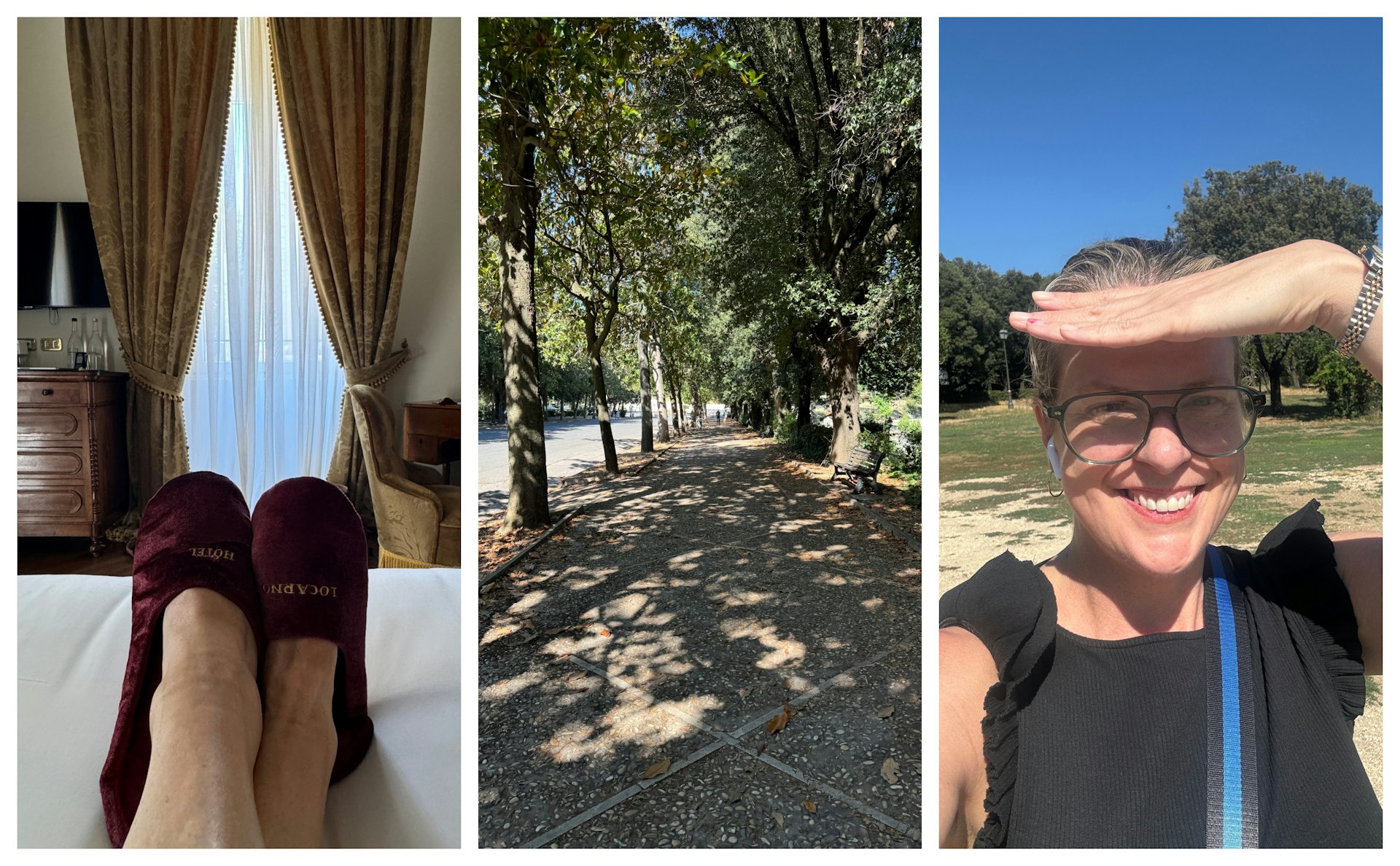 Images of the writer staying at a hotel and strolling in a park