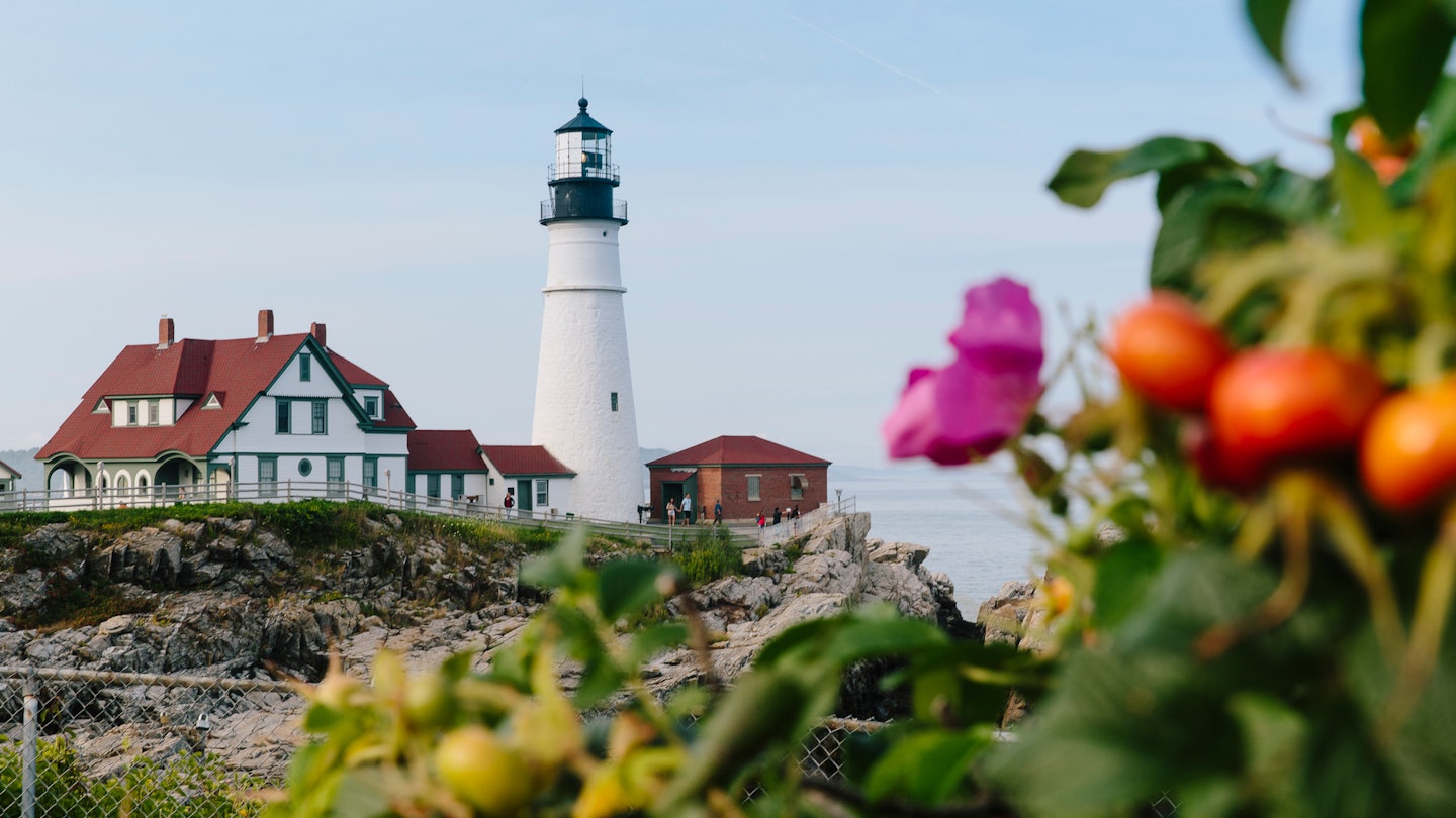 Landscape view of Portland Head Lighthouse in Portland, Maine