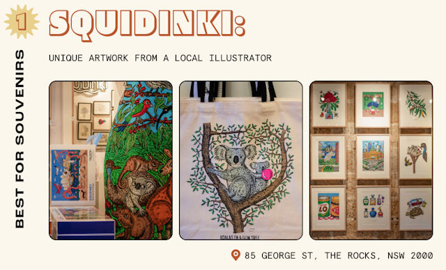 Three animal-themed pieces in a souvenir shop called Squidinki: a jigsaw with squids; a tote bag with koalas; a grid of framed sketches hanging on a wall