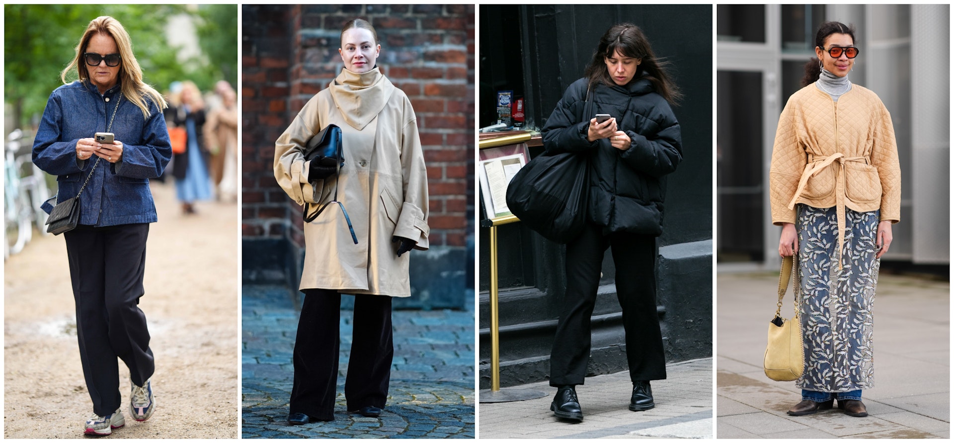 Street style shots of four women wearing casual clothes dressed up with layers