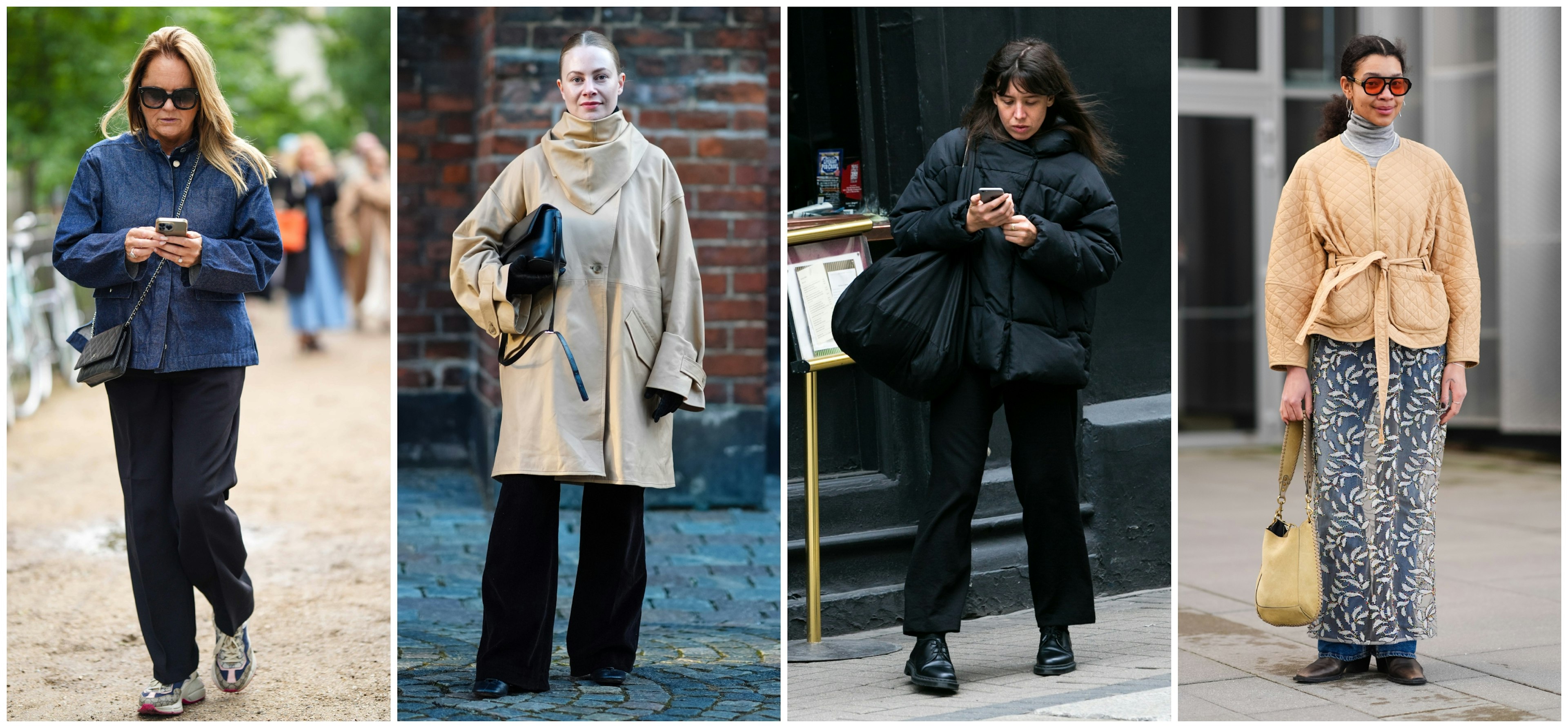 Street style shots of four women wearing casual clothes dressed up with layers