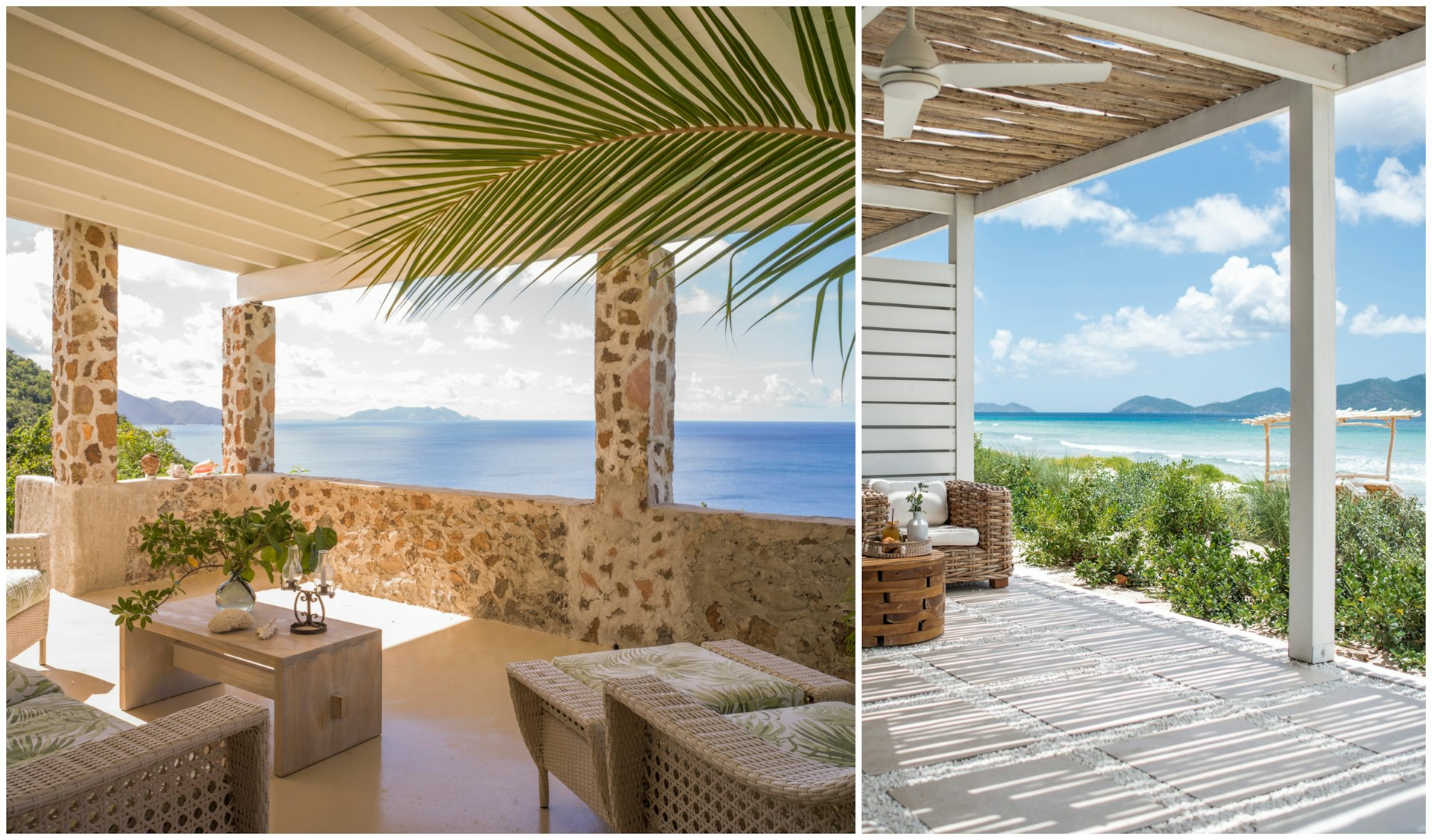 Two views of patios at tropical hotels overlooking the ocean