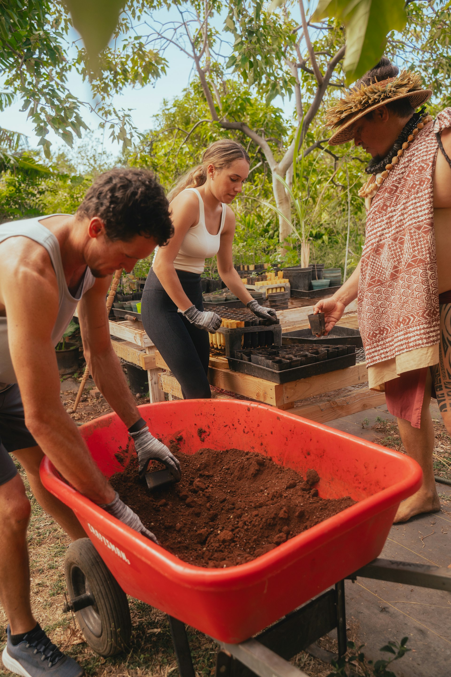 Volunteer tourists fill a container with soil while working in the outdoors