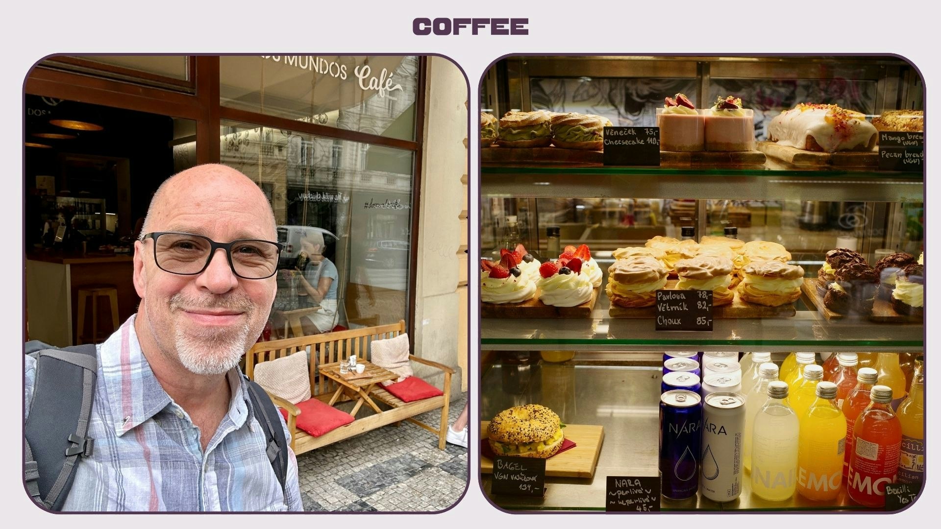 Two images: the writer and the shelf of a pastries in a Prague cafe