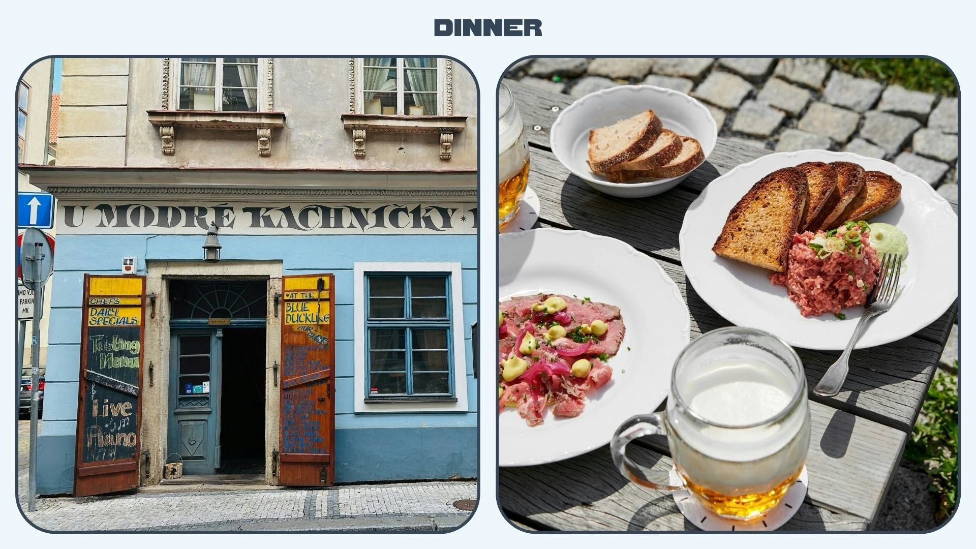 Two images: the exterior of a restaurant in Prague with wooden doors and a close up of a steak dish elsewhere