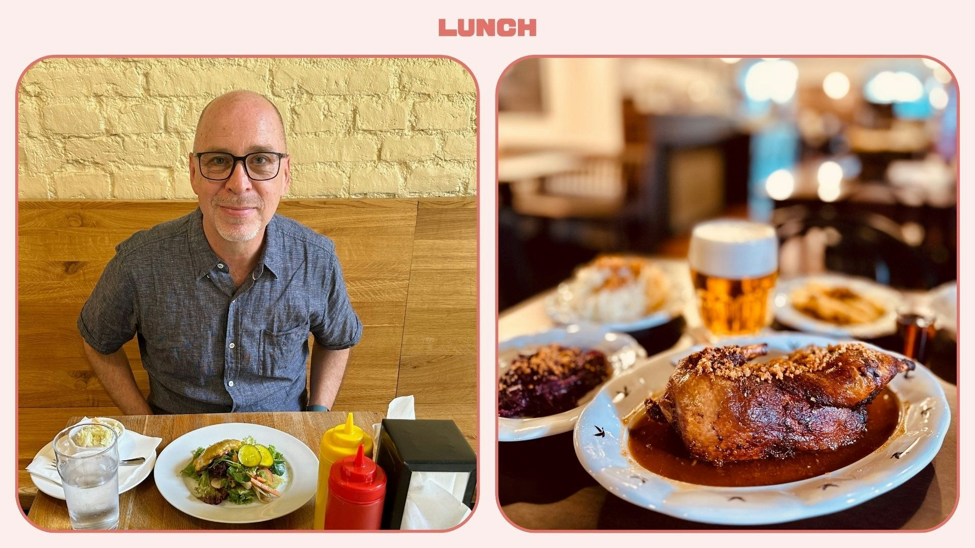 Two images: the writer about to eat and a picture of a roast duck dish in Prague