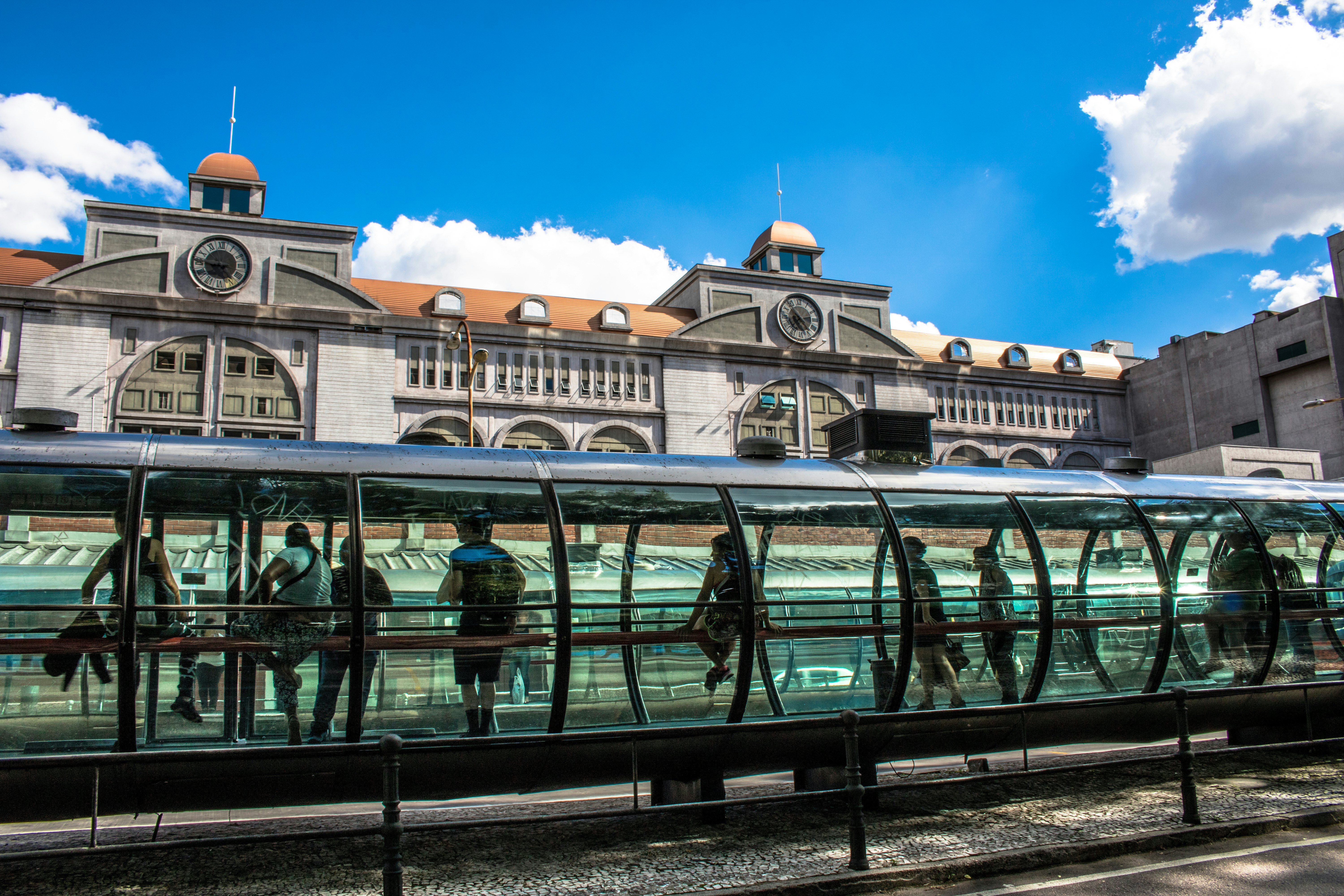 Passengers in the “tube” stations on the rapid bus network of Curitiba, Paraná, Brazil