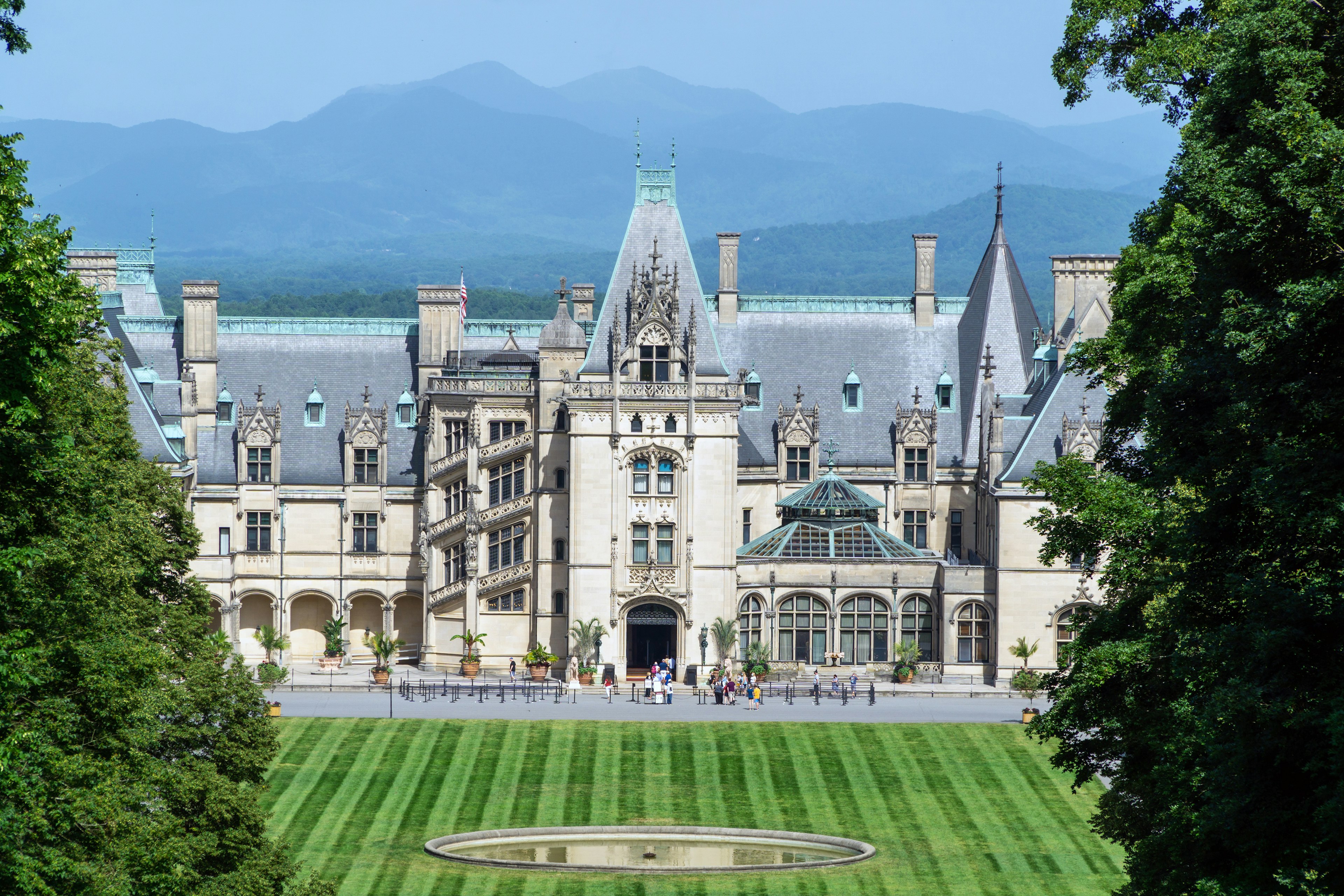 A vast French-style chateau in manicured lawns