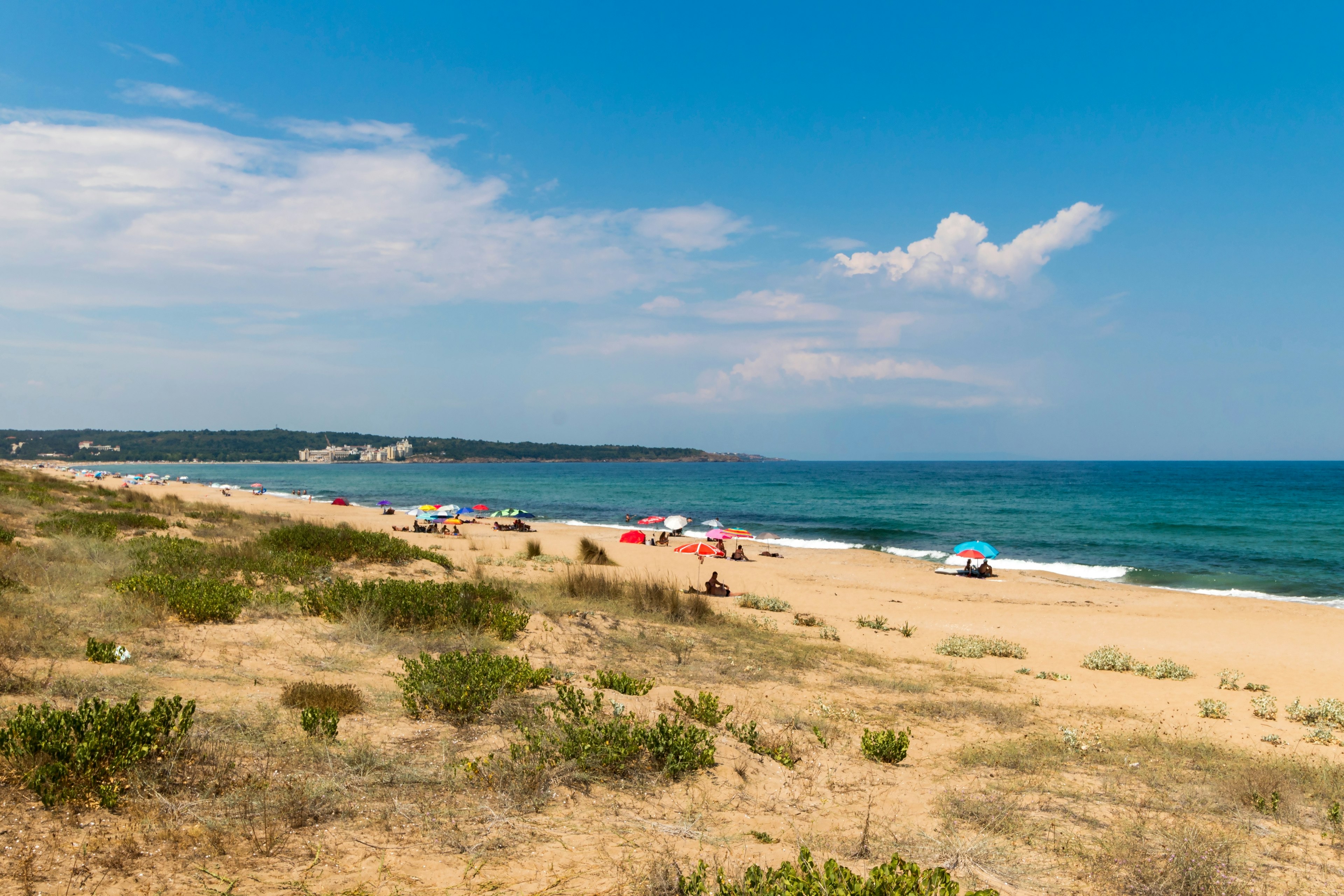 A sandy beach with several colorful sun shades